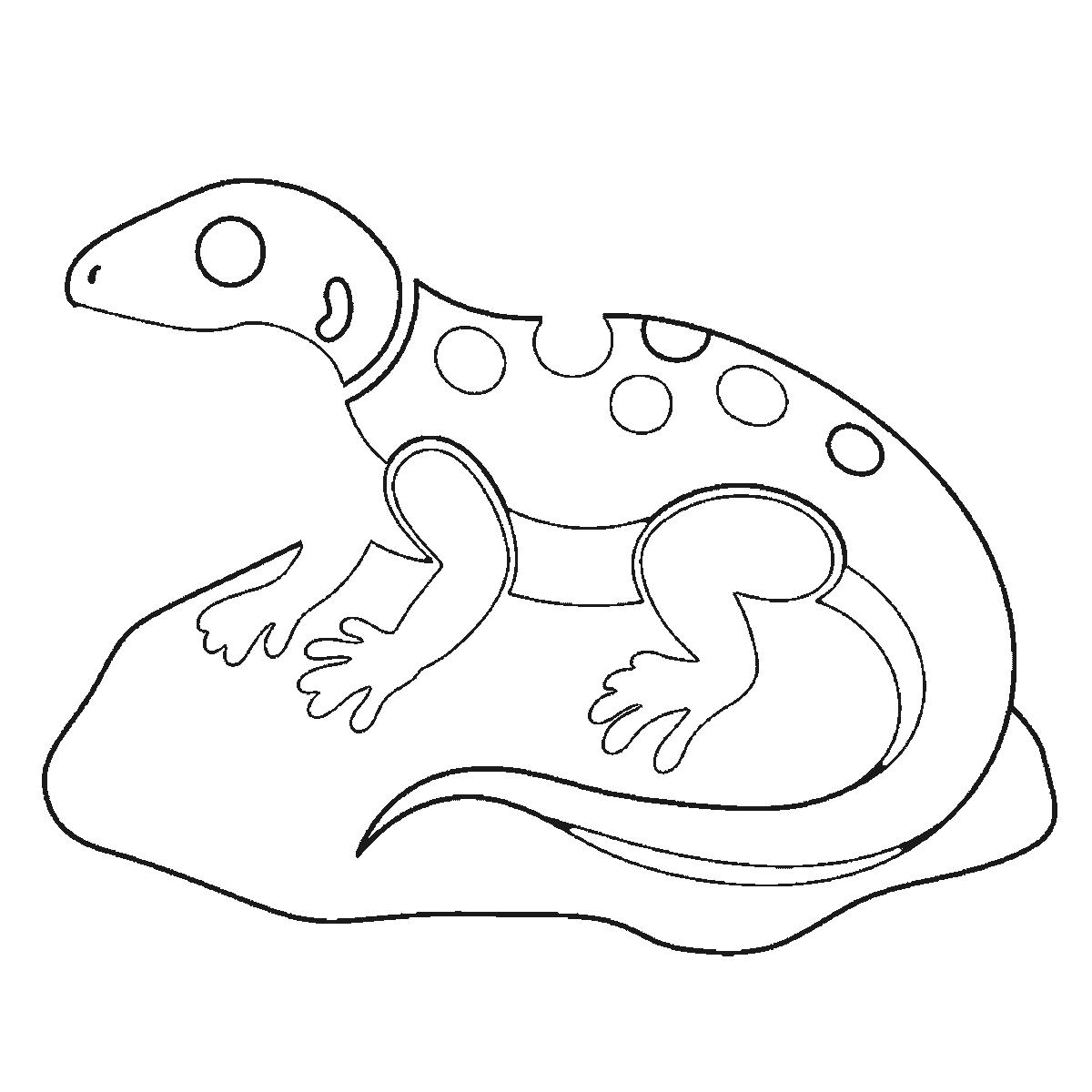 Step 3 of 6: Step-by-step drawing sheet: a lizard basking on a rock, built up over six frames from the rock and two legs to the body with its row of back spots and the tail, then the head with its eye outline, with the far legs, the filled eye and the thickened spots last, black outlines on white