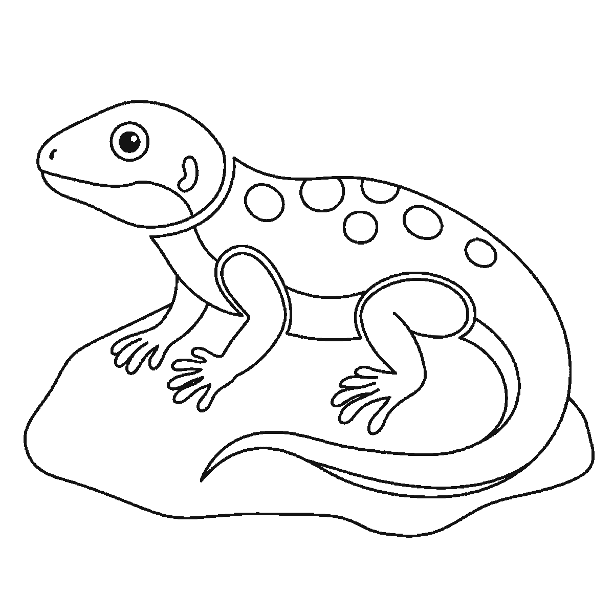 Step 6 of 6: Step-by-step drawing sheet: a lizard basking on a rock, built up over six frames from the rock and two legs to the body with its row of back spots and the tail, then the head with its eye outline, with the far legs, the filled eye and the thickened spots last, black outlines on white