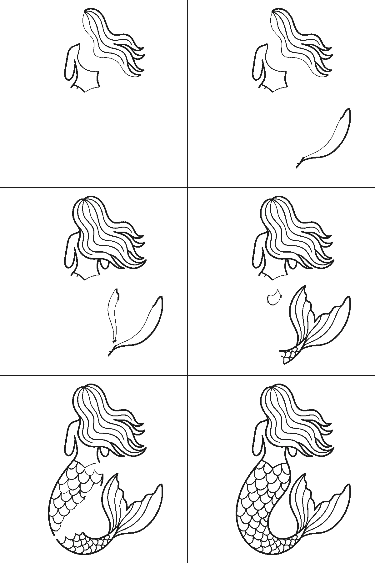 Step-by-step drawing sheet: a faceless mermaid seen from behind, built up over six frames from the back, shoulders and flowing hair to the tail fin, and the long scaled tail last, black outlines on white