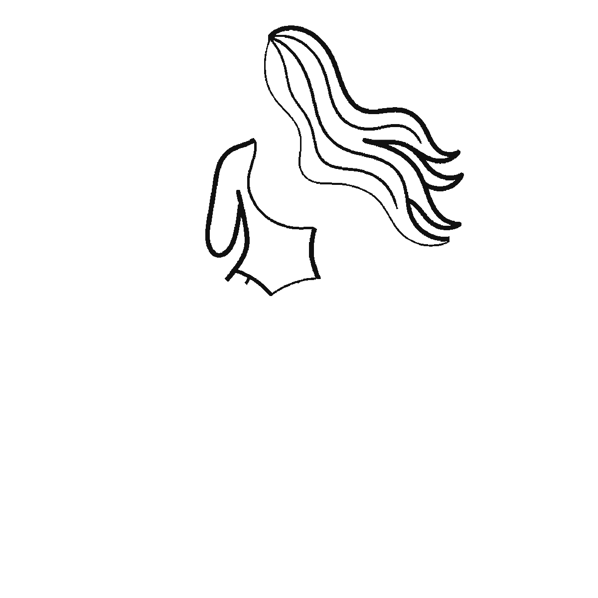 Step 1 of 6: Step-by-step drawing sheet: a faceless mermaid seen from behind, built up over six frames from the back, shoulders and flowing hair to the tail fin, and the long scaled tail last, black outlines on white