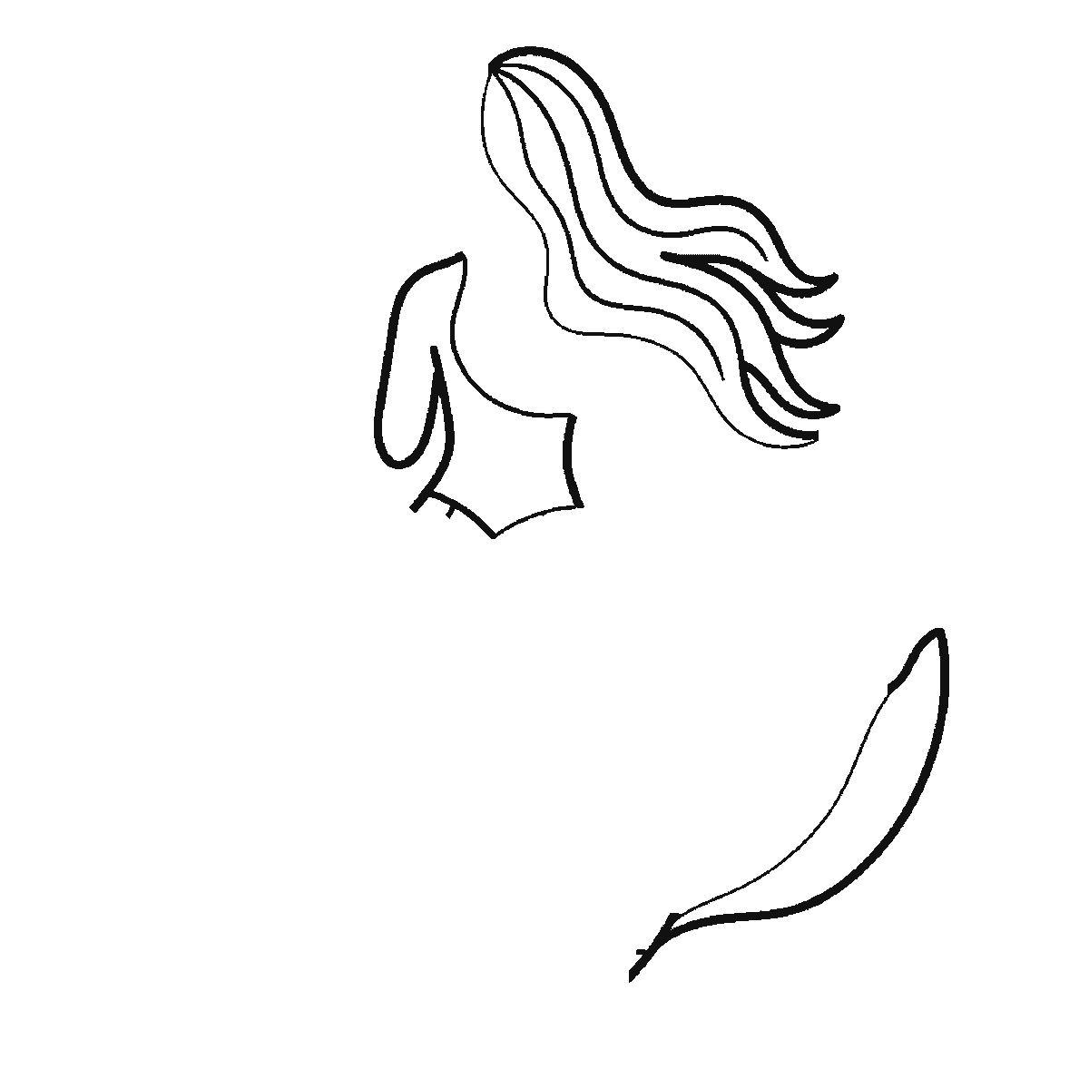 Step 2 of 6: Step-by-step drawing sheet: a faceless mermaid seen from behind, built up over six frames from the back, shoulders and flowing hair to the tail fin, and the long scaled tail last, black outlines on white