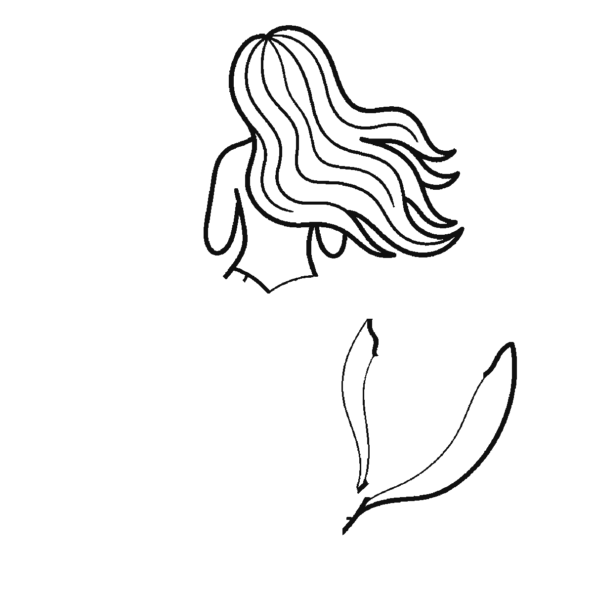 Step 3 of 6: Step-by-step drawing sheet: a faceless mermaid seen from behind, built up over six frames from the back, shoulders and flowing hair to the tail fin, and the long scaled tail last, black outlines on white
