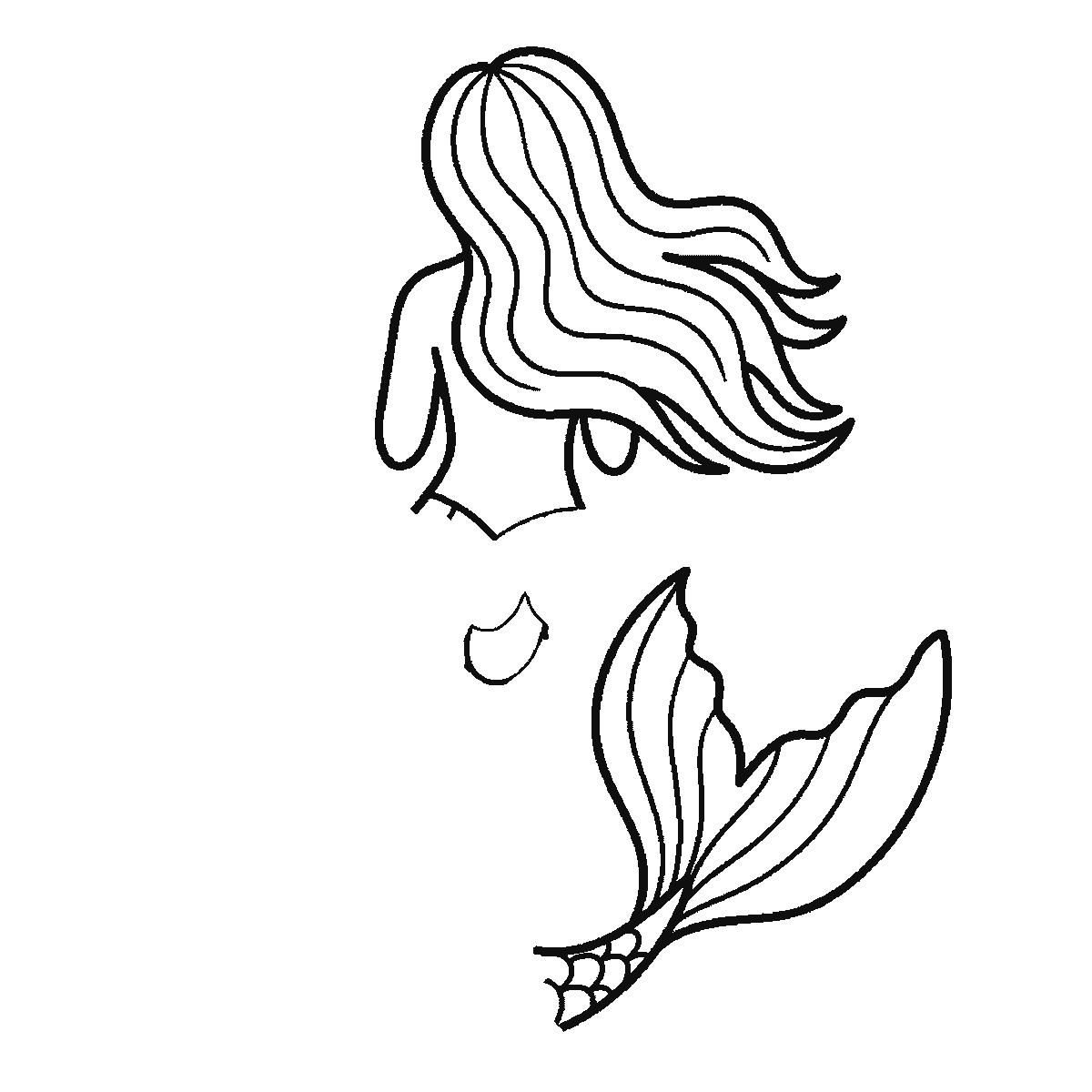 Step 4 of 6: Step-by-step drawing sheet: a faceless mermaid seen from behind, built up over six frames from the back, shoulders and flowing hair to the tail fin, and the long scaled tail last, black outlines on white