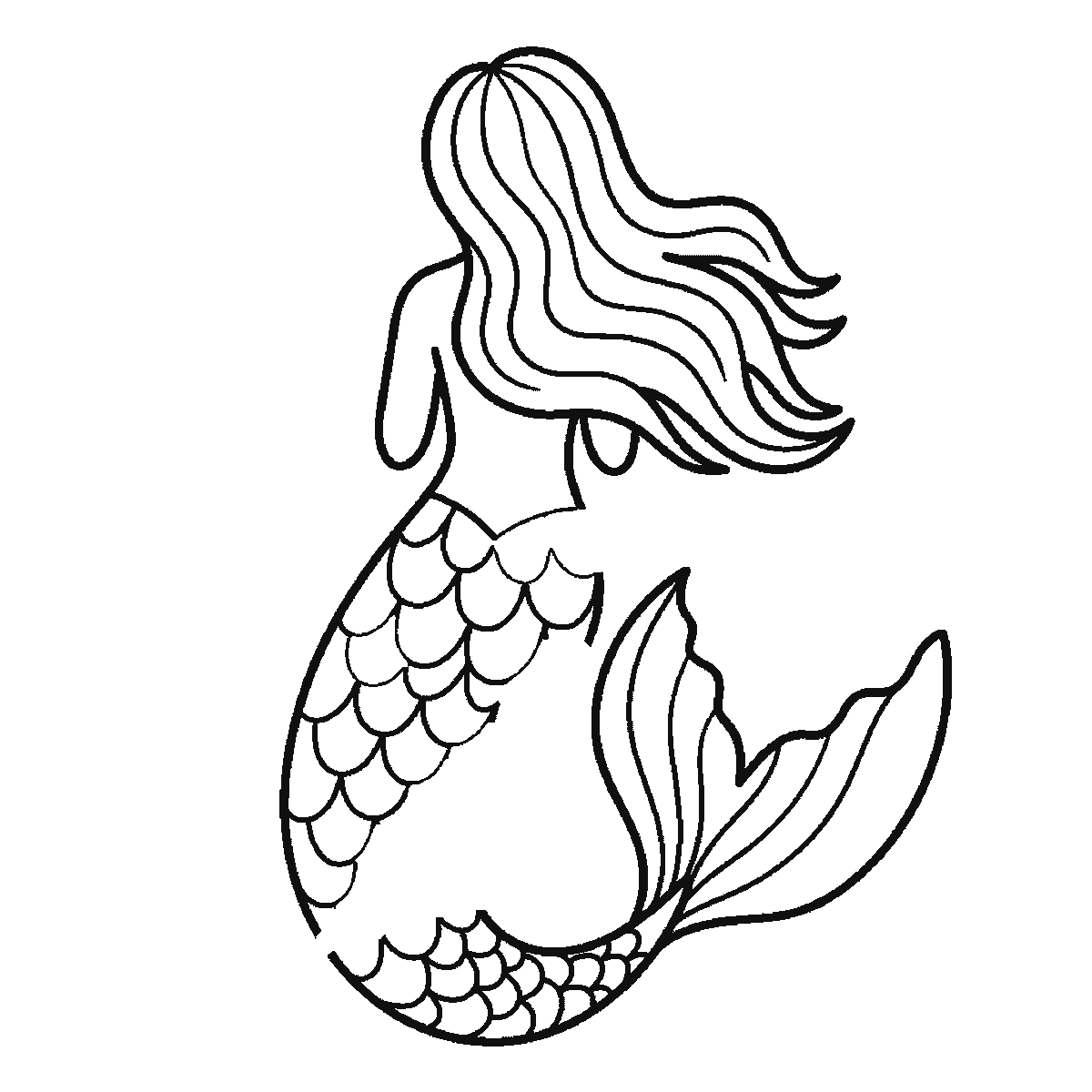 Step 5 of 6: Step-by-step drawing sheet: a faceless mermaid seen from behind, built up over six frames from the back, shoulders and flowing hair to the tail fin, and the long scaled tail last, black outlines on white