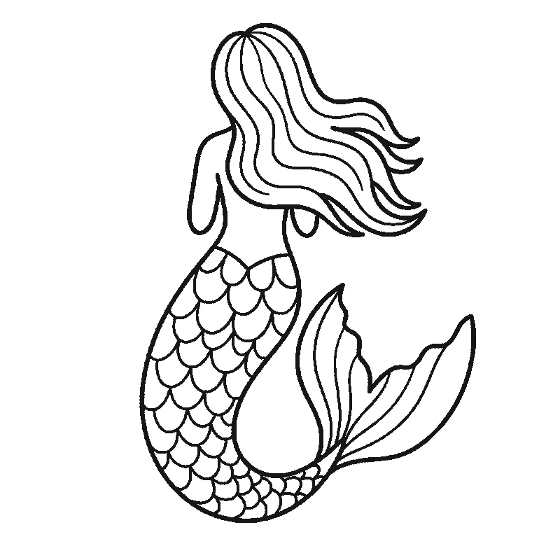 Step-by-step drawing sheet: a faceless mermaid seen from behind, built up over six frames from the back, shoulders and flowing hair to the tail fin, and the long scaled tail last, black outlines on white