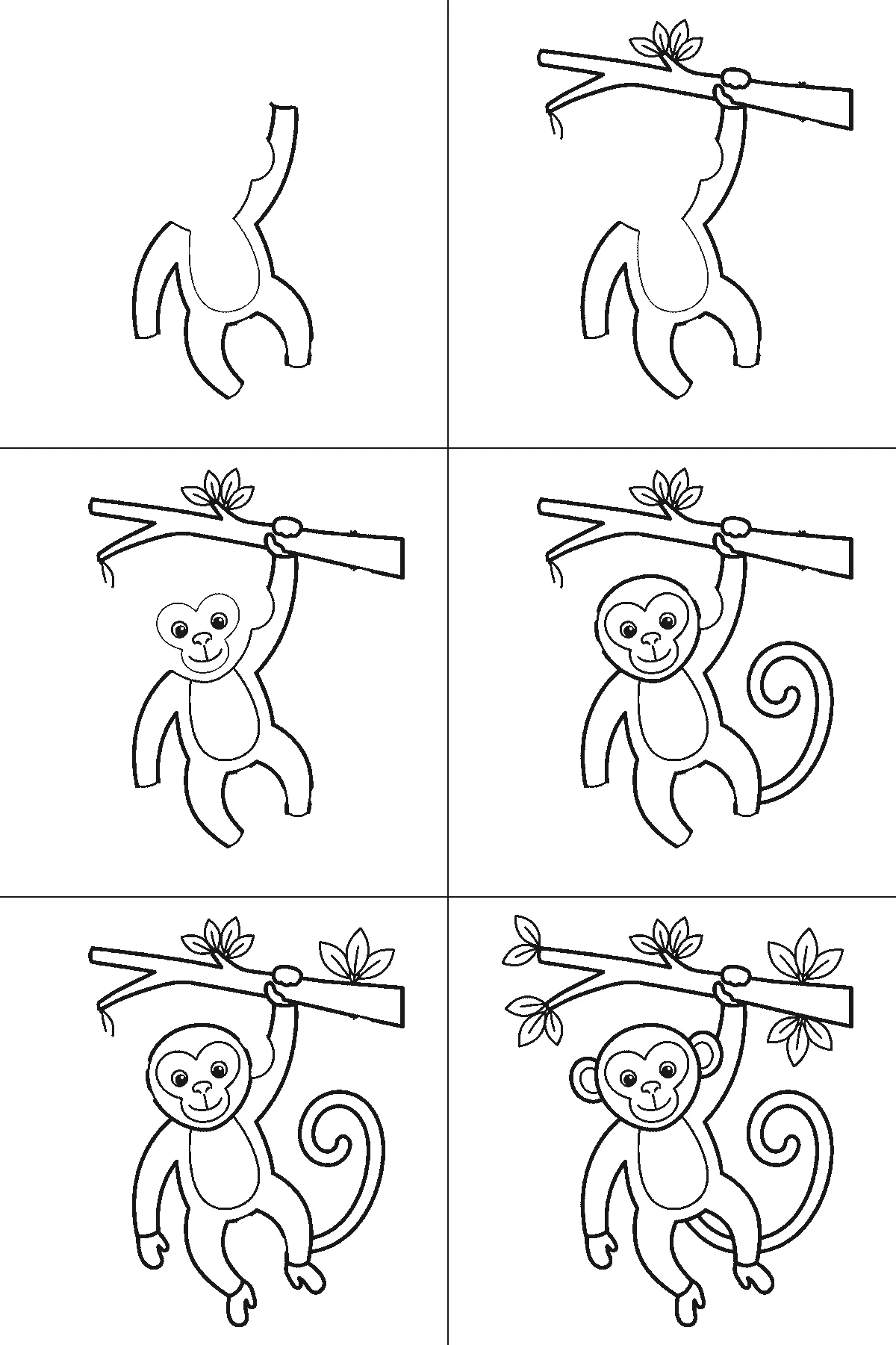 Step-by-step drawing sheet: a monkey hanging by one arm from a leafy branch, built up over six frames from the limbs to the branch, face and curling tail, black outlines on white