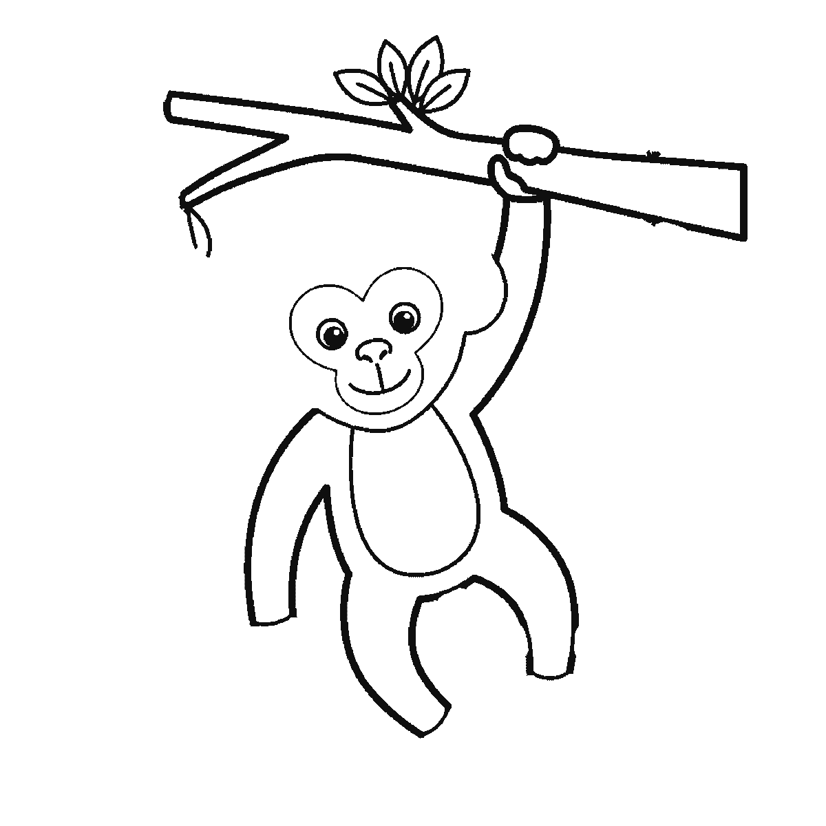 Step 3 of 6: Step-by-step drawing sheet: a monkey hanging by one arm from a leafy branch, built up over six frames from the limbs to the branch, face and curling tail, black outlines on white