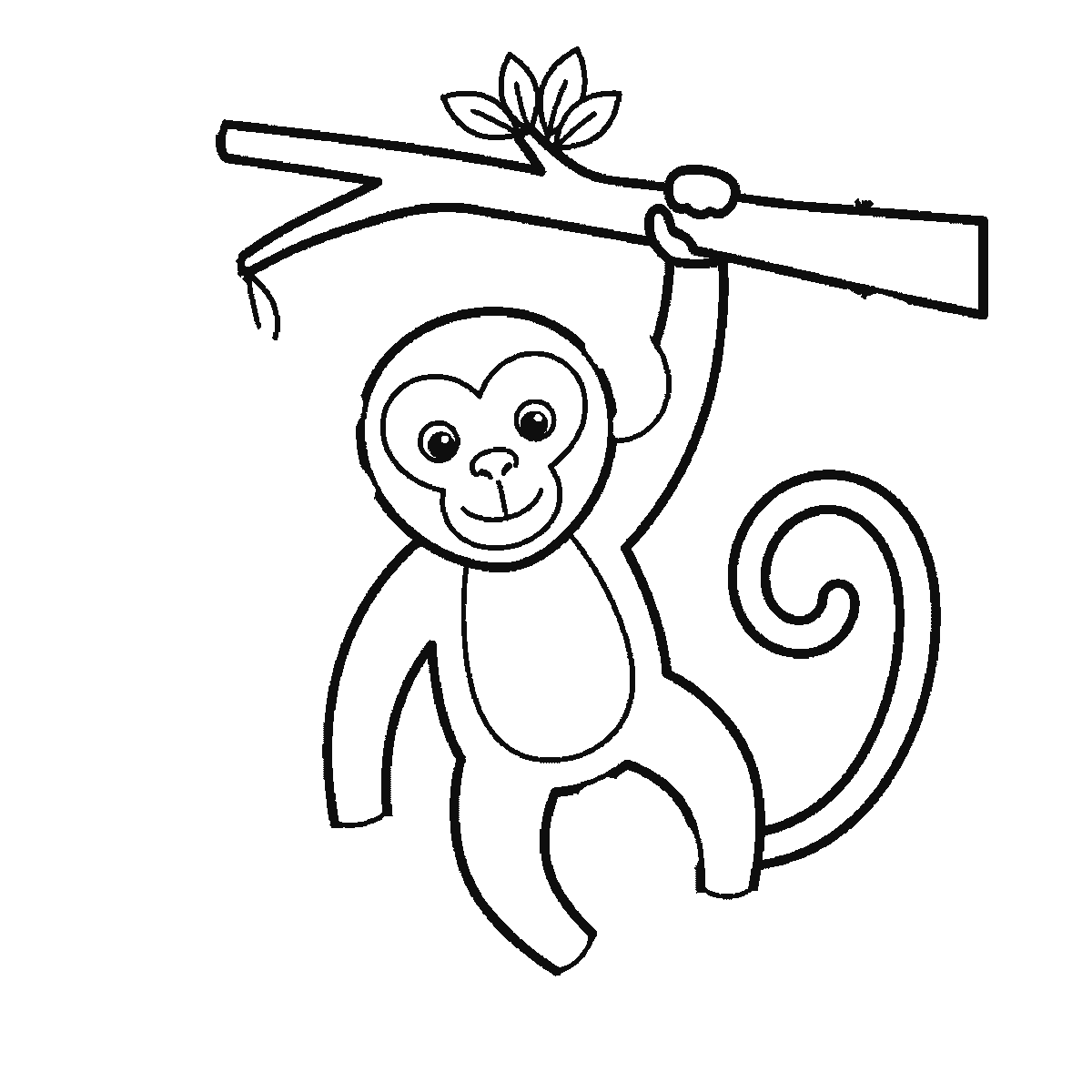 Step 4 of 6: Step-by-step drawing sheet: a monkey hanging by one arm from a leafy branch, built up over six frames from the limbs to the branch, face and curling tail, black outlines on white