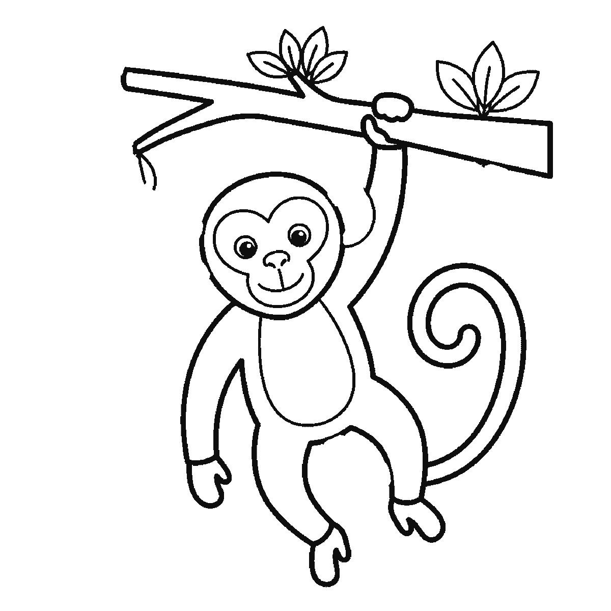 Step 5 of 6: Step-by-step drawing sheet: a monkey hanging by one arm from a leafy branch, built up over six frames from the limbs to the branch, face and curling tail, black outlines on white