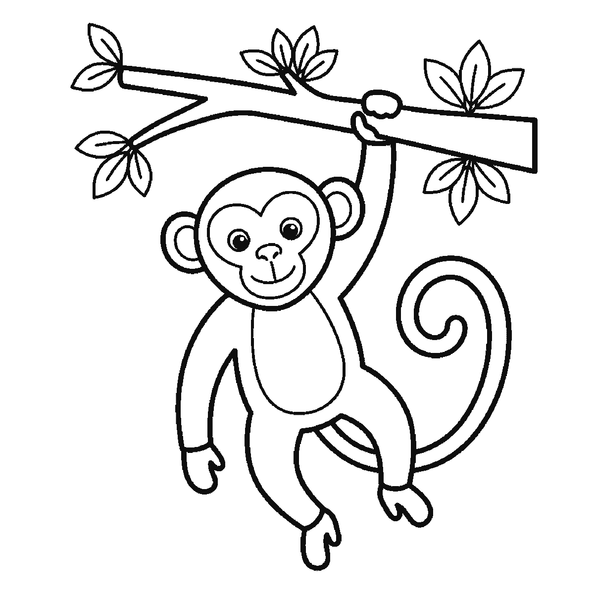 Step 6 of 6: Step-by-step drawing sheet: a monkey hanging by one arm from a leafy branch, built up over six frames from the limbs to the branch, face and curling tail, black outlines on white