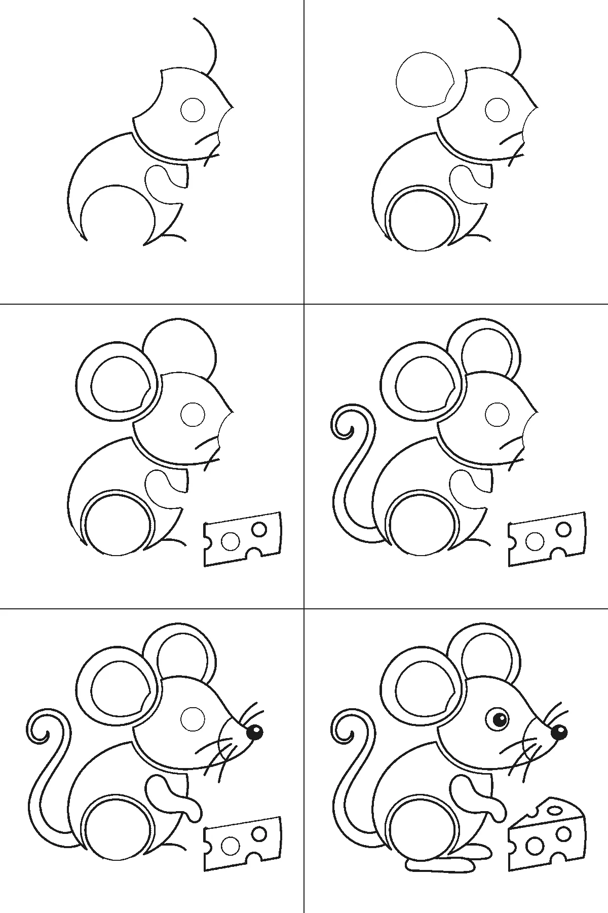 Step-by-step drawing sheet: a small mouse beside a wedge of cheese, built up over six frames from the head and back together to the ears, then the cheese and the long curling tail, with the whiskers, nose and eye last, black outlines on white