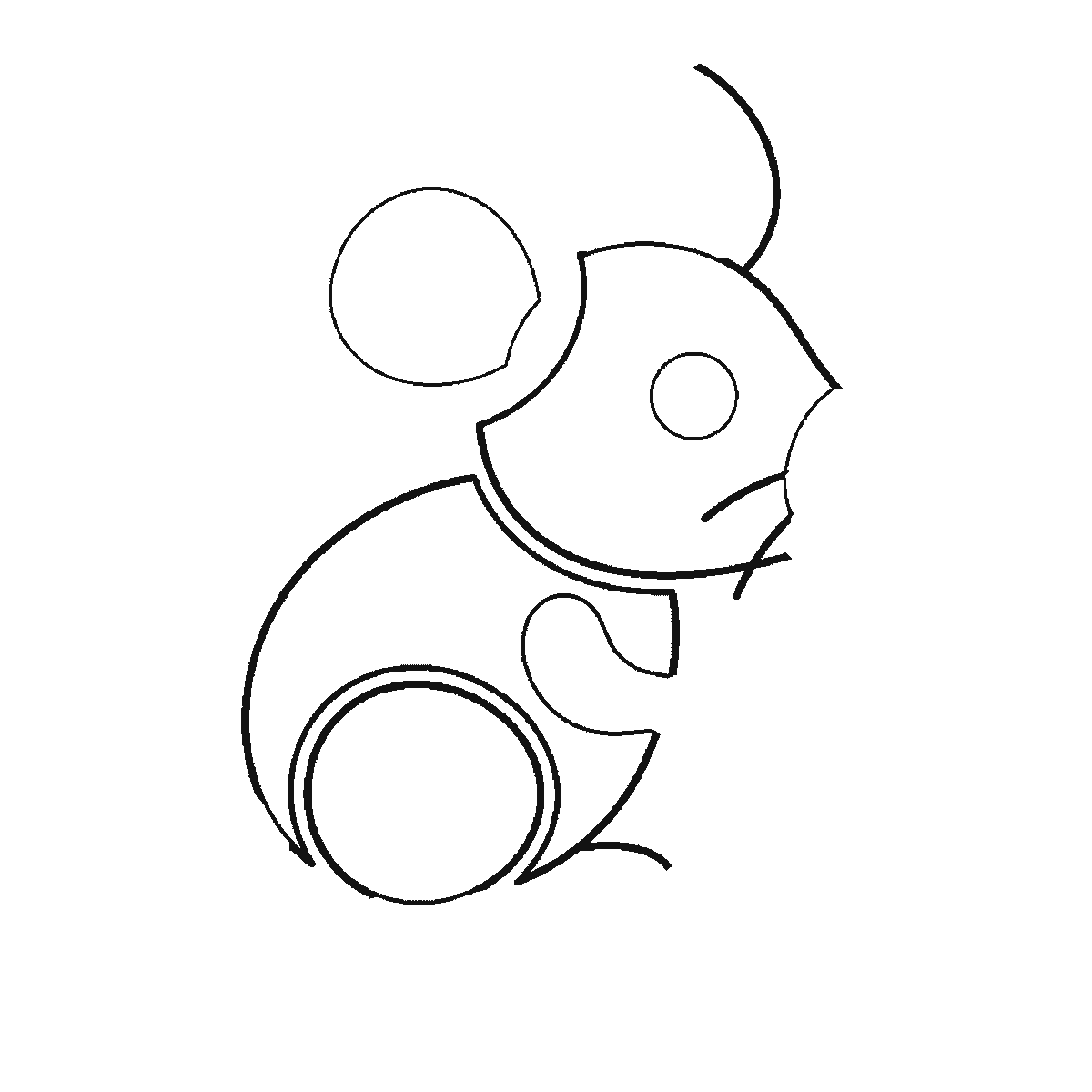 Step 2 of 6: Step-by-step drawing sheet: a small mouse beside a wedge of cheese, built up over six frames from the head and back together to the ears, then the cheese and the long curling tail, with the whiskers, nose and eye last, black outlines on white