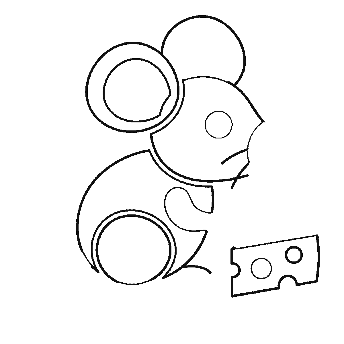 Step 3 of 6: Step-by-step drawing sheet: a small mouse beside a wedge of cheese, built up over six frames from the head and back together to the ears, then the cheese and the long curling tail, with the whiskers, nose and eye last, black outlines on white