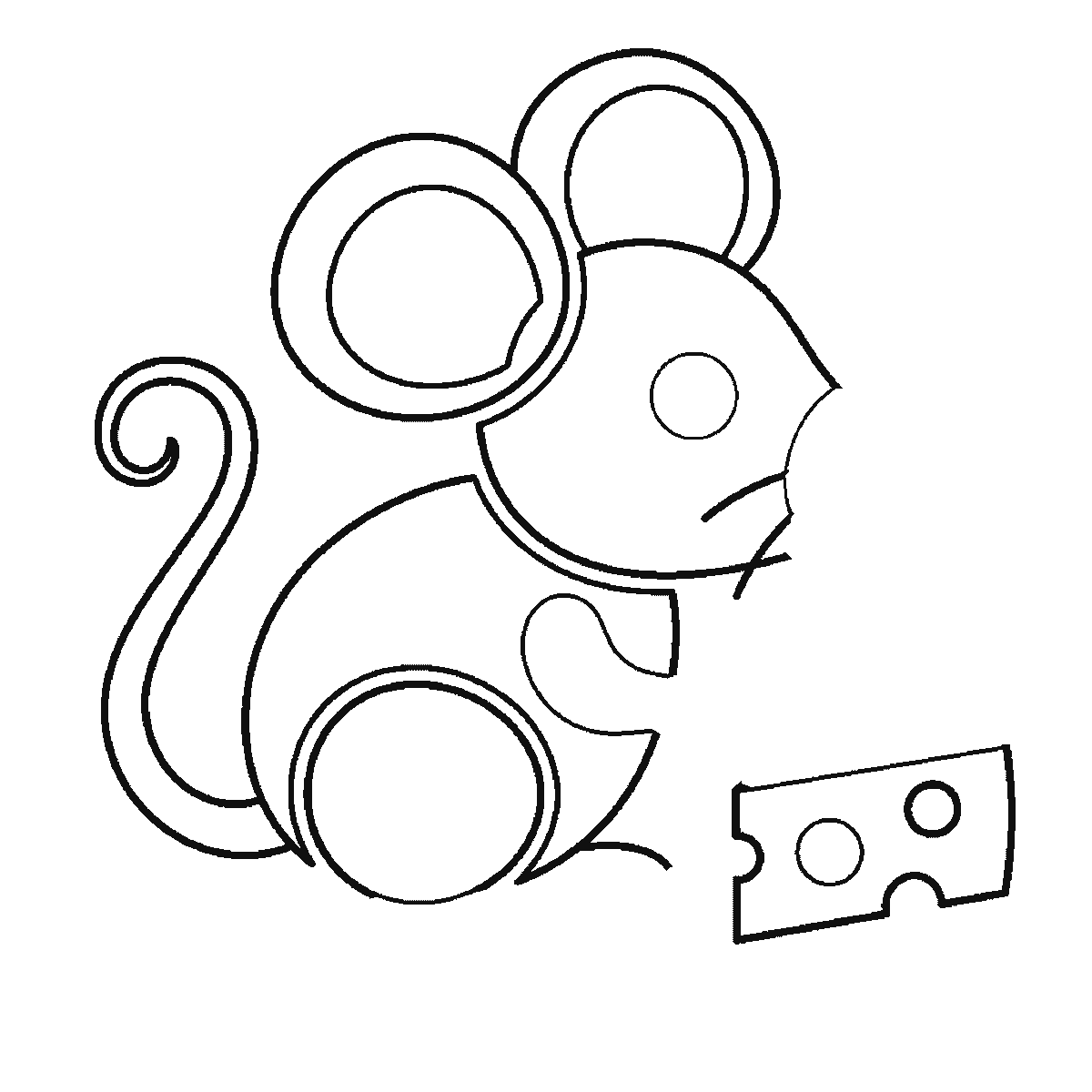 Step 4 of 6: Step-by-step drawing sheet: a small mouse beside a wedge of cheese, built up over six frames from the head and back together to the ears, then the cheese and the long curling tail, with the whiskers, nose and eye last, black outlines on white