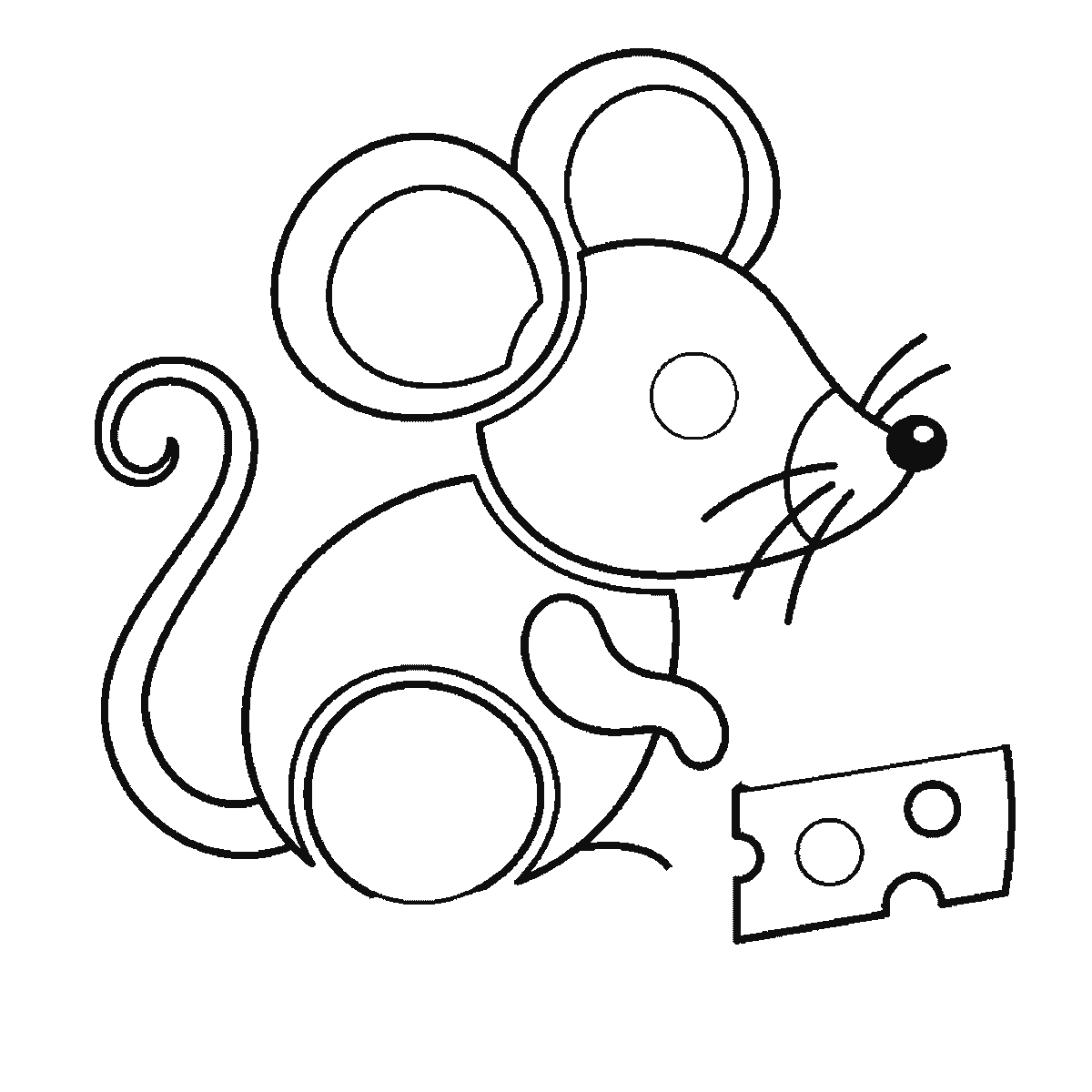 Step 5 of 6: Step-by-step drawing sheet: a small mouse beside a wedge of cheese, built up over six frames from the head and back together to the ears, then the cheese and the long curling tail, with the whiskers, nose and eye last, black outlines on white