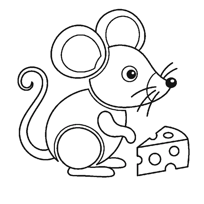 Step-by-step drawing sheet: a small mouse beside a wedge of cheese, built up over six frames from the head and back together to the ears, then the cheese and the long curling tail, with the whiskers, nose and eye last, black outlines on white