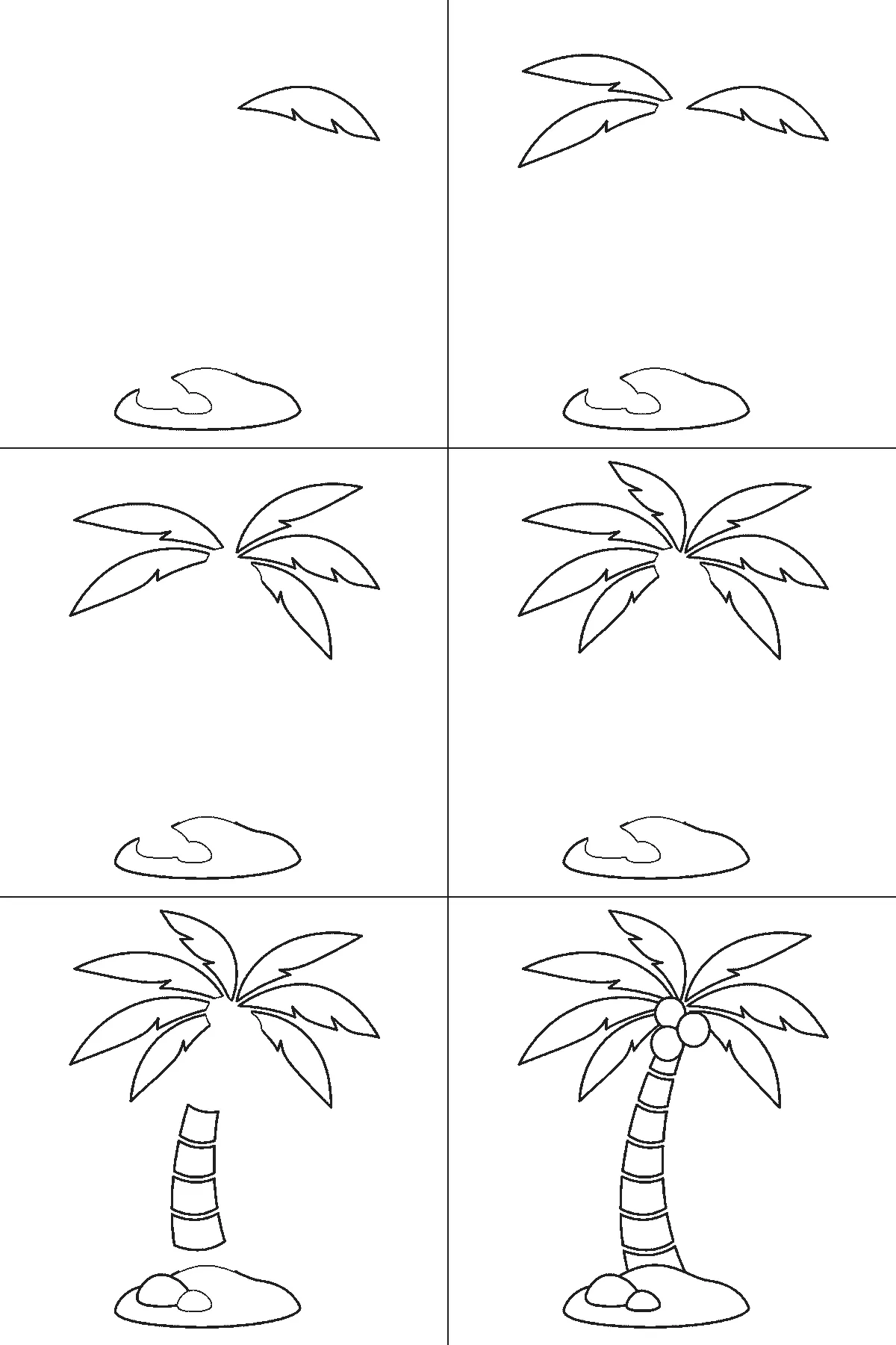 Step-by-step drawing sheet: a palm tree on a mound of ground, built up over six frames from one frond and the ground to the other six fronds two at a time, then the banded trunk, with the top and bottom trunk sections and three coconuts last, black outlines on white