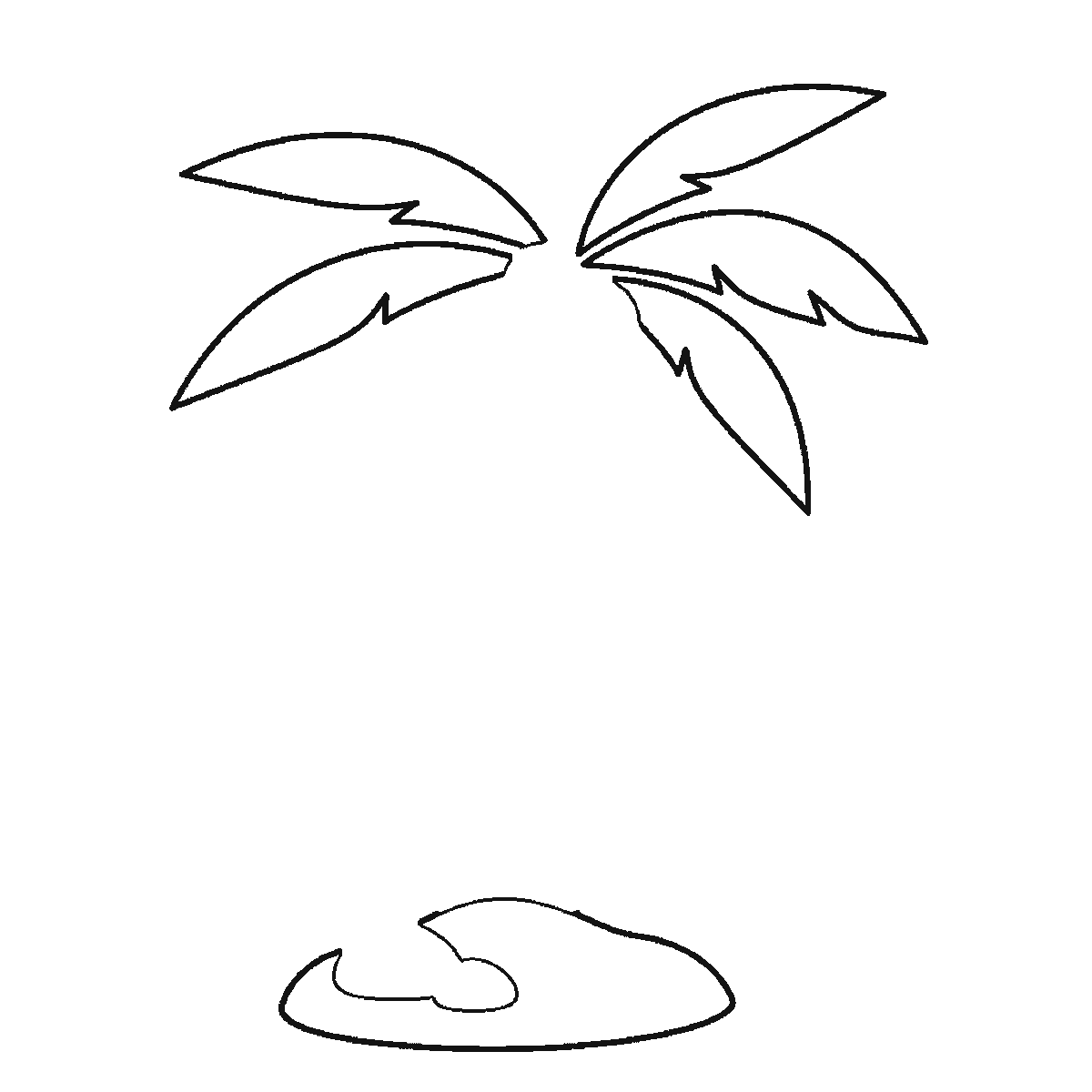 Step 3 of 6: Step-by-step drawing sheet: a palm tree on a mound of ground, built up over six frames from one frond and the ground to the other six fronds two at a time, then the banded trunk, with the top and bottom trunk sections and three coconuts last, black outlines on white