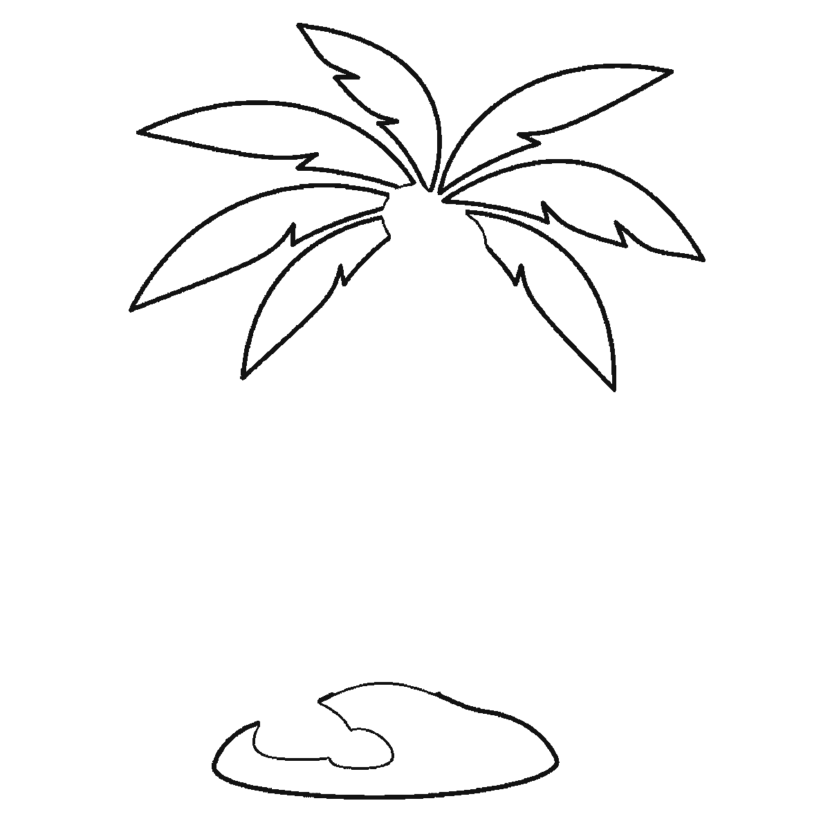 Step 4 of 6: Step-by-step drawing sheet: a palm tree on a mound of ground, built up over six frames from one frond and the ground to the other six fronds two at a time, then the banded trunk, with the top and bottom trunk sections and three coconuts last, black outlines on white
