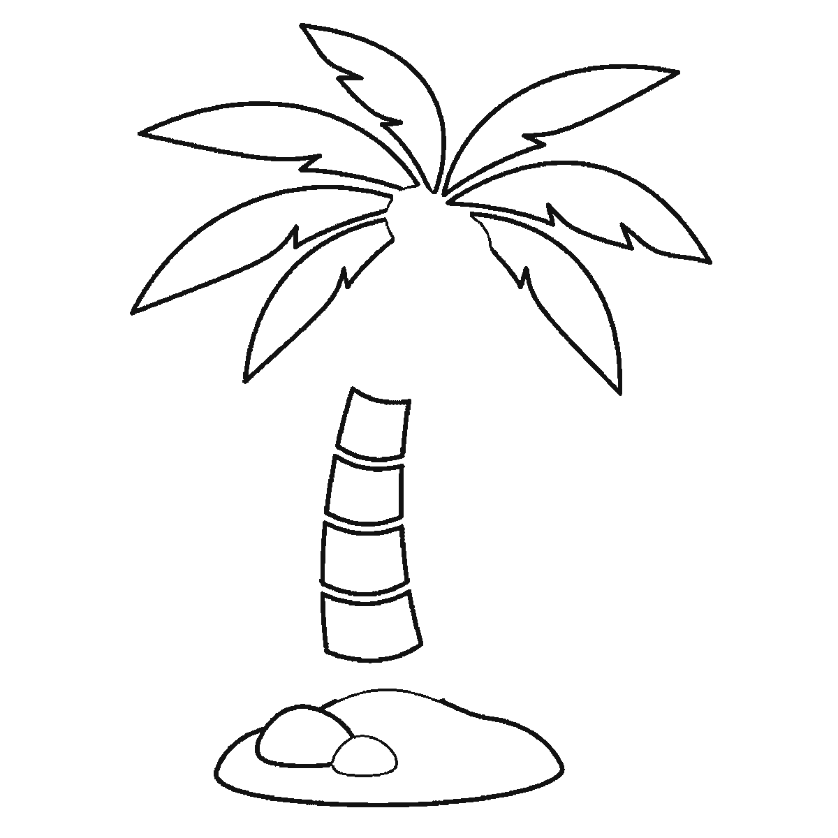 Step 5 of 6: Step-by-step drawing sheet: a palm tree on a mound of ground, built up over six frames from one frond and the ground to the other six fronds two at a time, then the banded trunk, with the top and bottom trunk sections and three coconuts last, black outlines on white