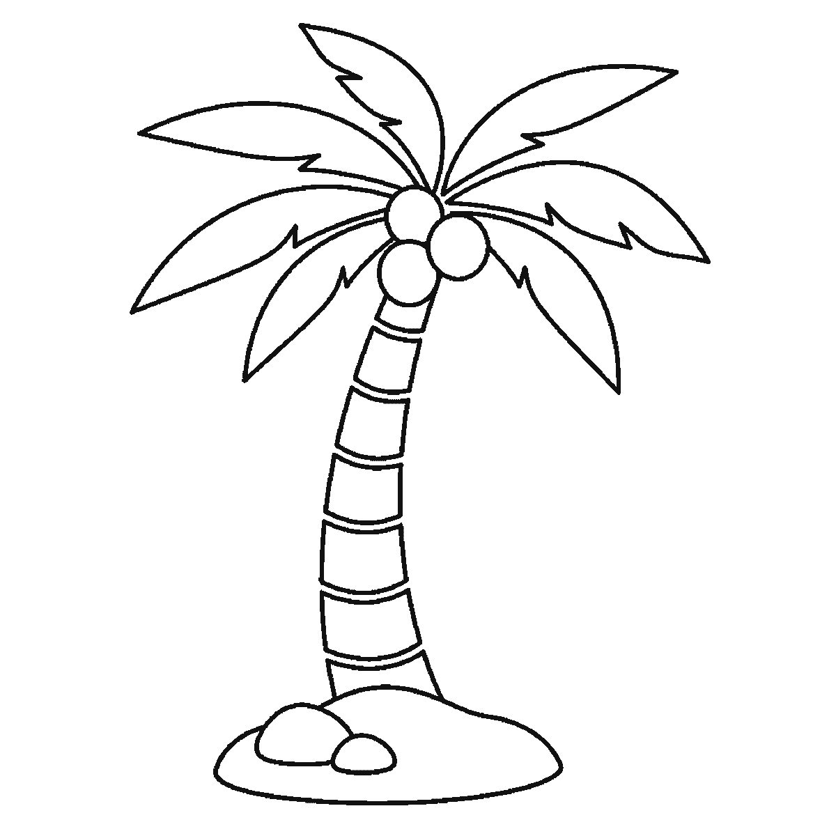 Step 6 of 6: Step-by-step drawing sheet: a palm tree on a mound of ground, built up over six frames from one frond and the ground to the other six fronds two at a time, then the banded trunk, with the top and bottom trunk sections and three coconuts last, black outlines on white