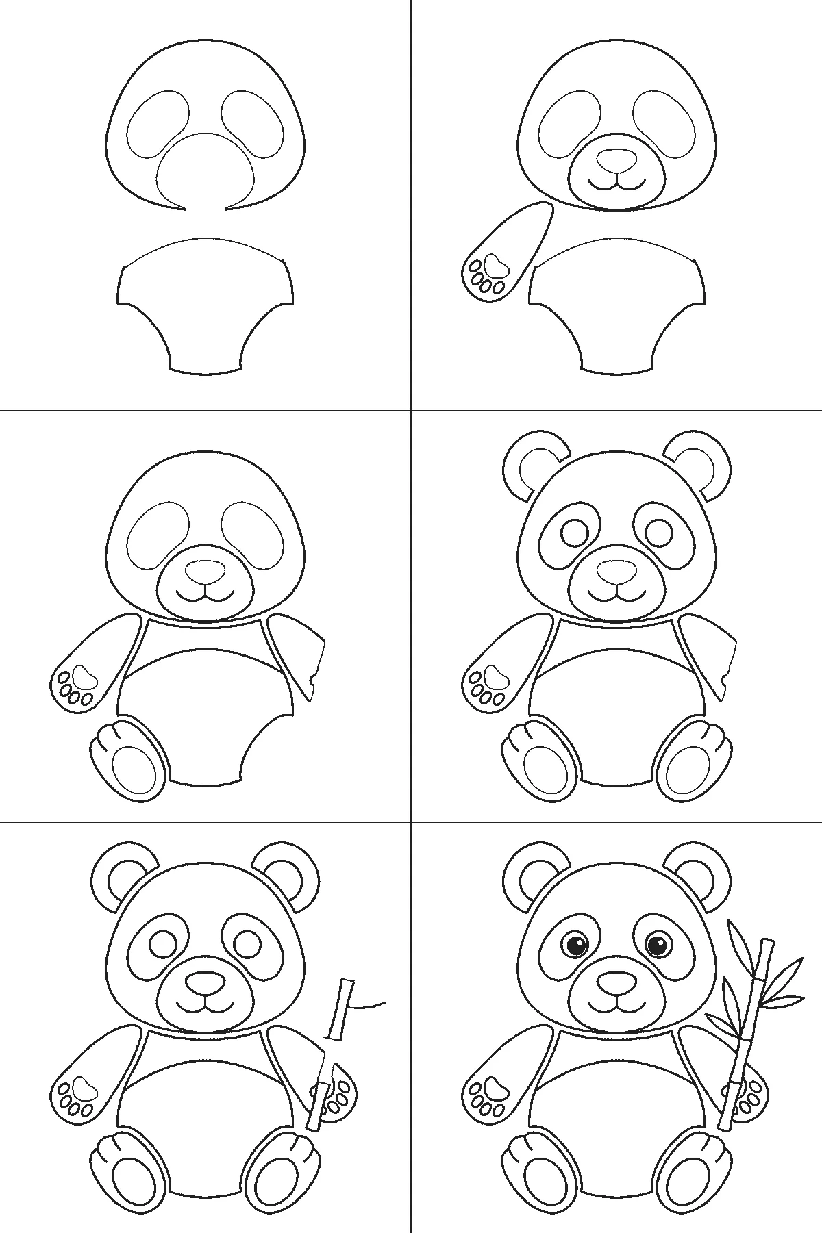 Step-by-step drawing sheet: a giant panda sitting upright seen from the front, built up over six frames from the head and eye patches to the body, ears and bamboo stalk, black outlines on white