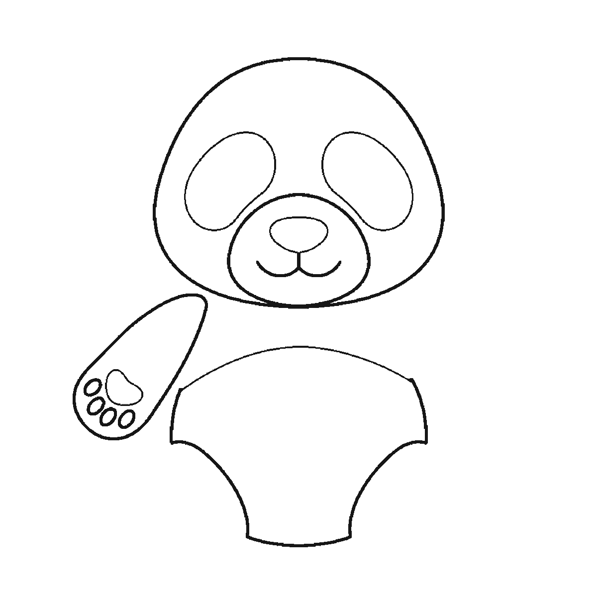 Step 2 of 6: Step-by-step drawing sheet: a giant panda sitting upright seen from the front, built up over six frames from the head and eye patches to the body, ears and bamboo stalk, black outlines on white