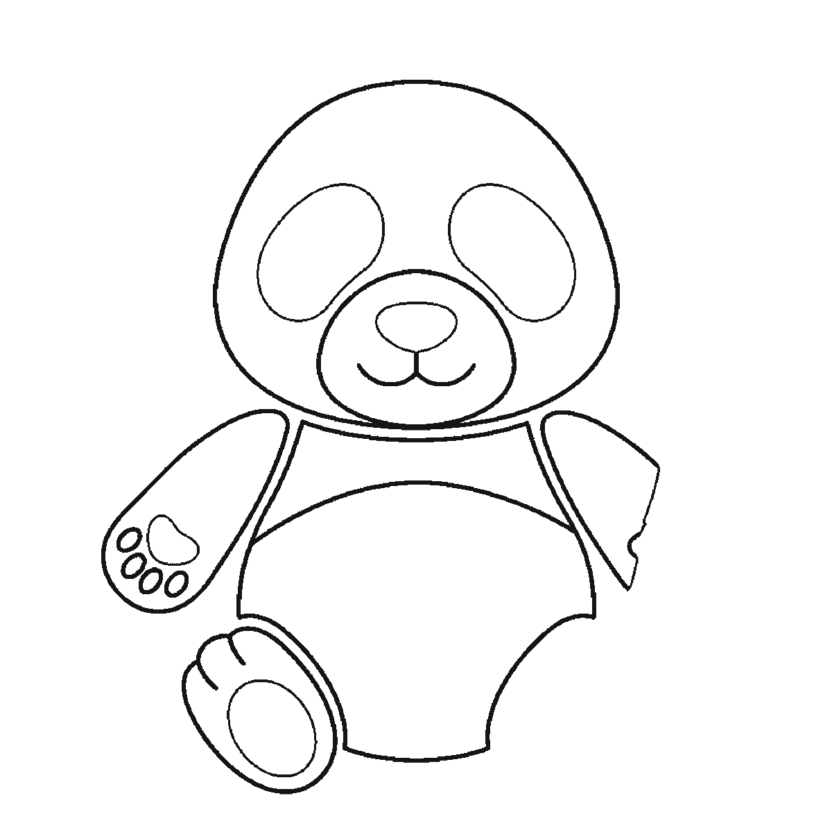 Step 3 of 6: Step-by-step drawing sheet: a giant panda sitting upright seen from the front, built up over six frames from the head and eye patches to the body, ears and bamboo stalk, black outlines on white