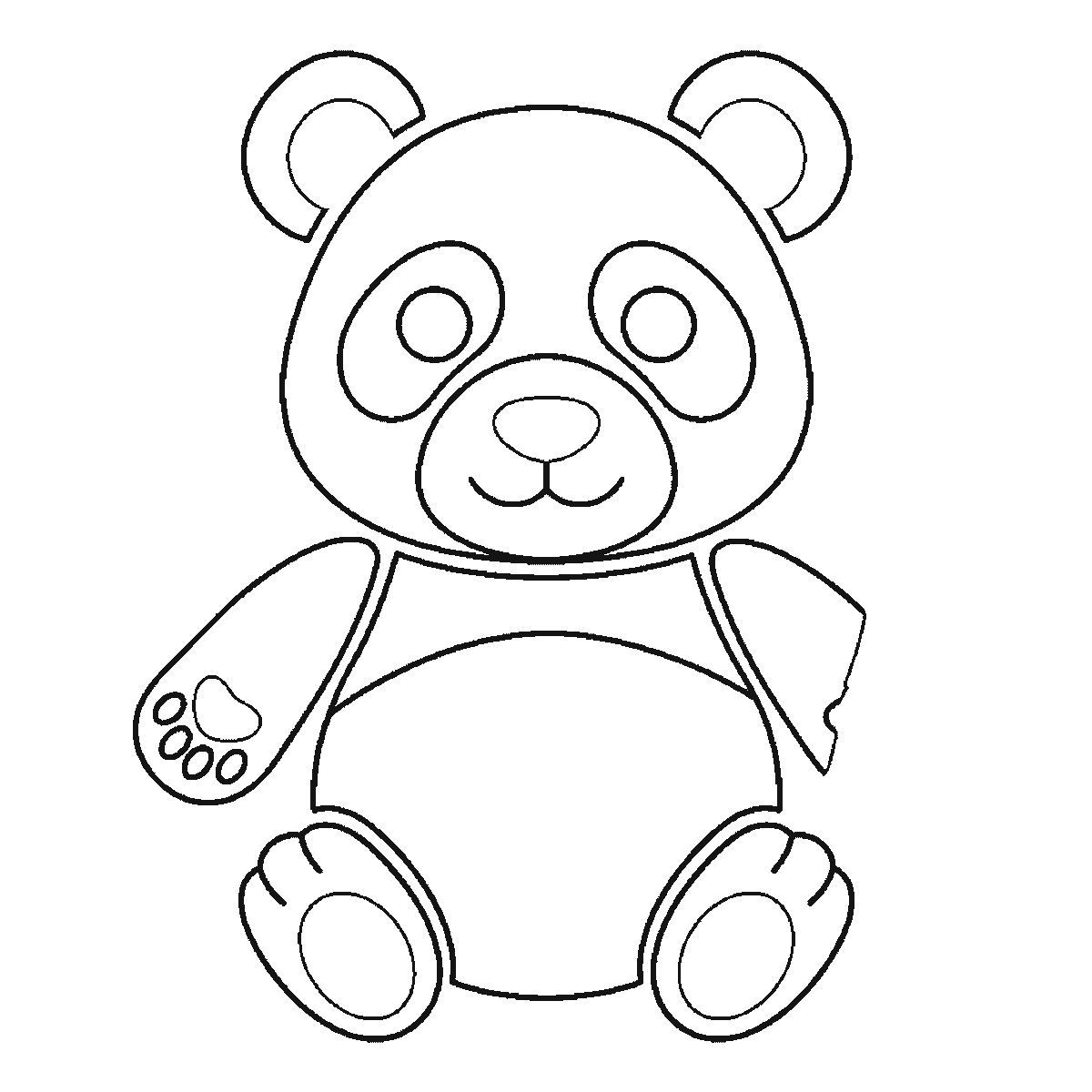 Step 4 of 6: Step-by-step drawing sheet: a giant panda sitting upright seen from the front, built up over six frames from the head and eye patches to the body, ears and bamboo stalk, black outlines on white