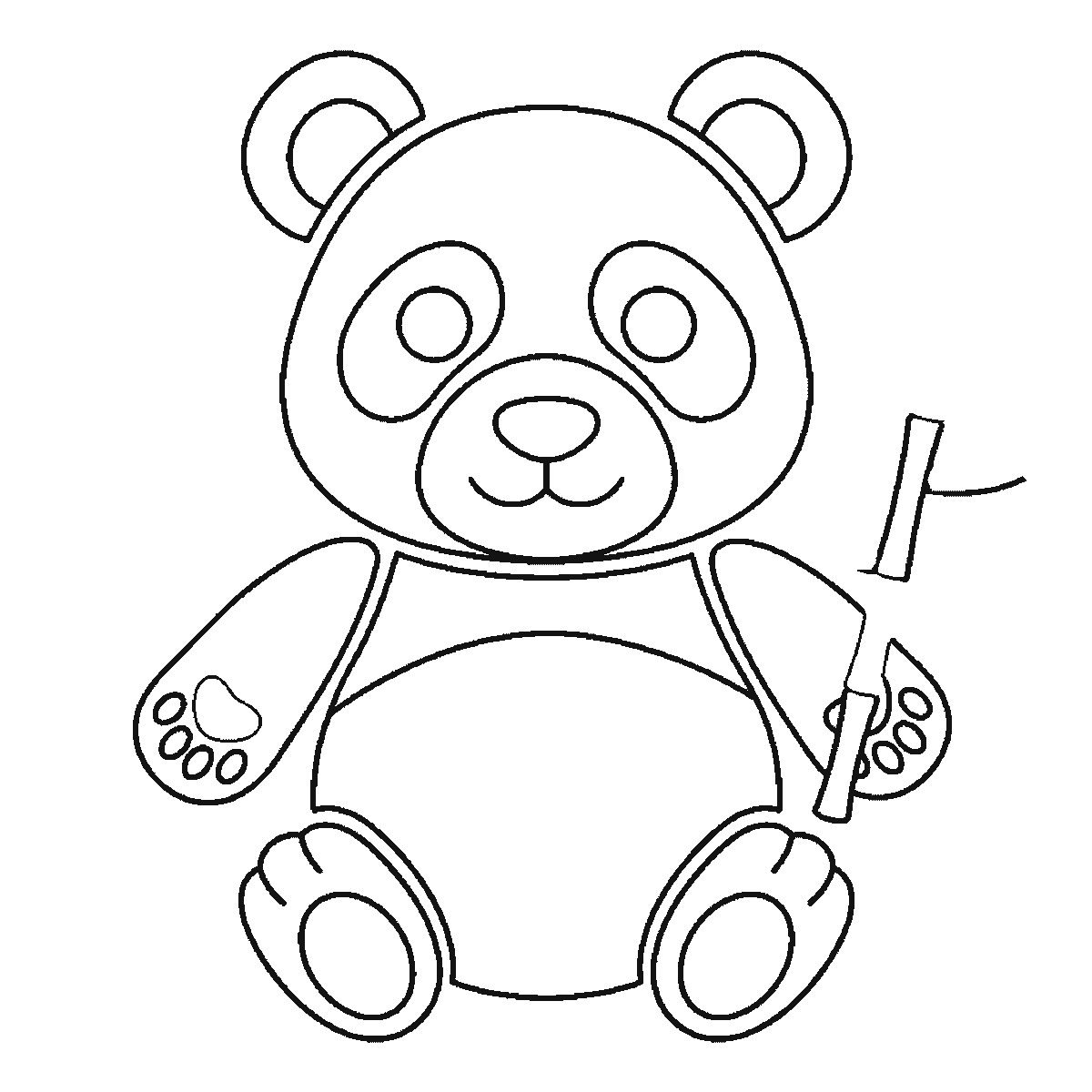 Step 5 of 6: Step-by-step drawing sheet: a giant panda sitting upright seen from the front, built up over six frames from the head and eye patches to the body, ears and bamboo stalk, black outlines on white