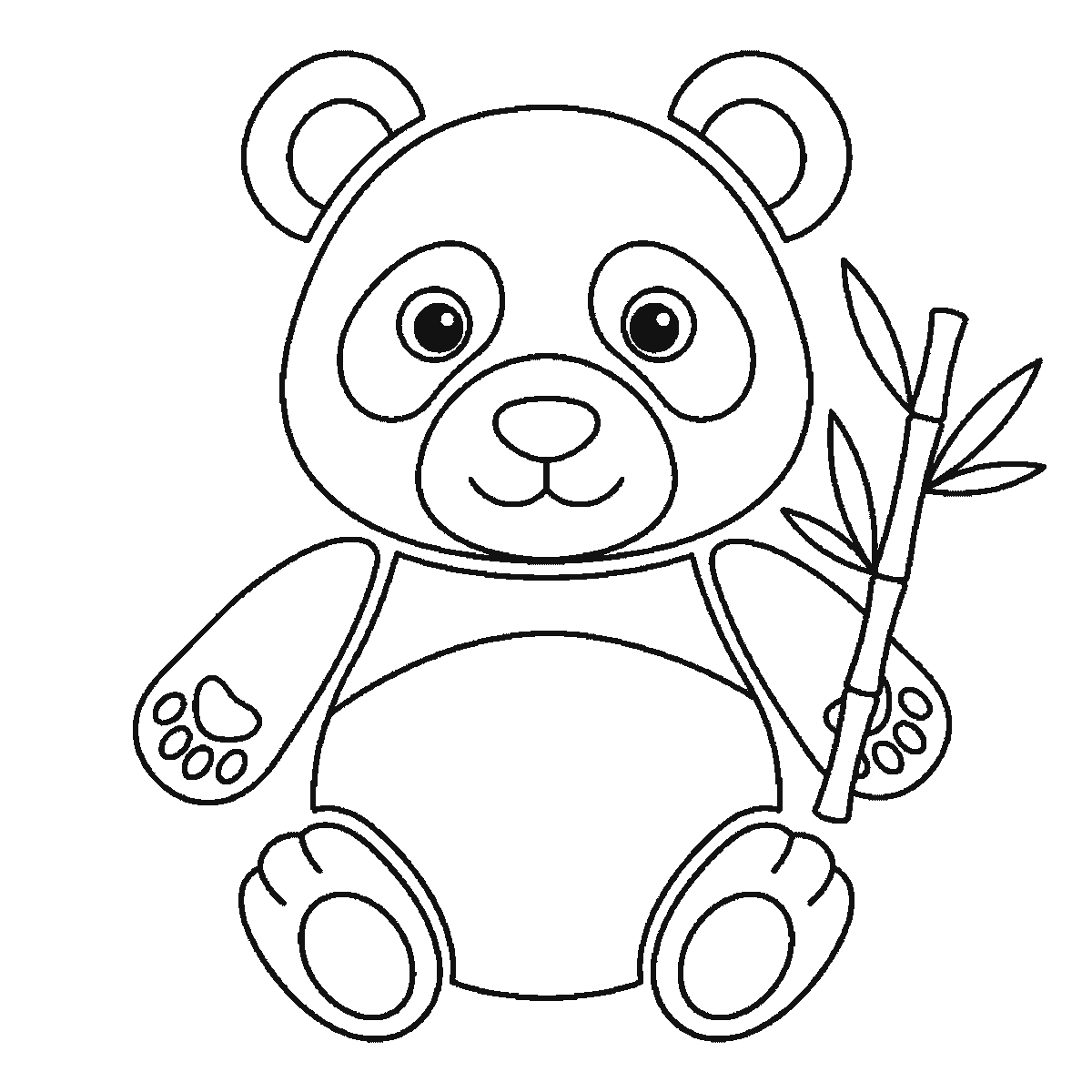 Step 6 of 6: Step-by-step drawing sheet: a giant panda sitting upright seen from the front, built up over six frames from the head and eye patches to the body, ears and bamboo stalk, black outlines on white