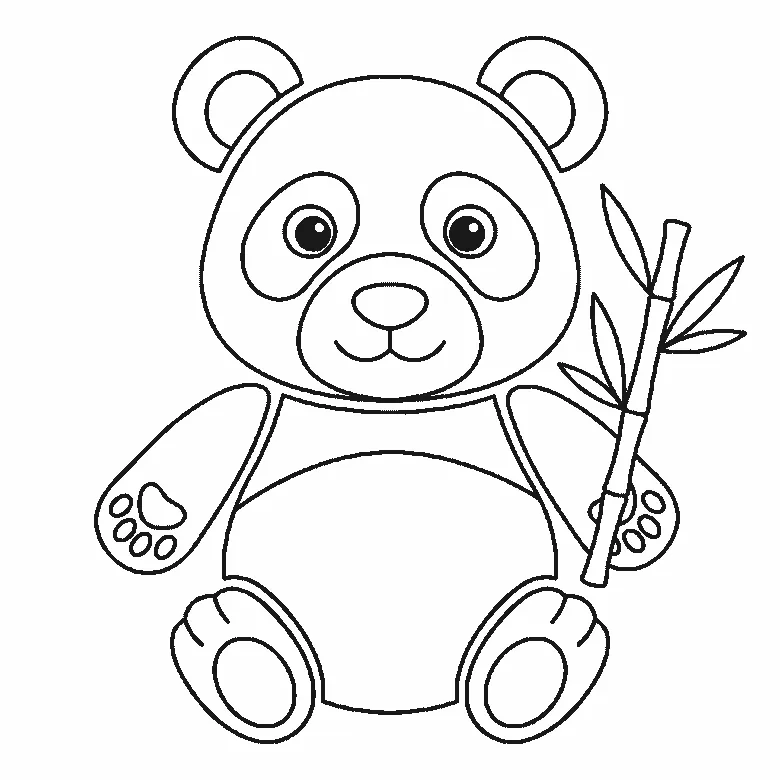 Step-by-step drawing sheet: a giant panda sitting upright seen from the front, built up over six frames from the head and eye patches to the body, ears and bamboo stalk, black outlines on white