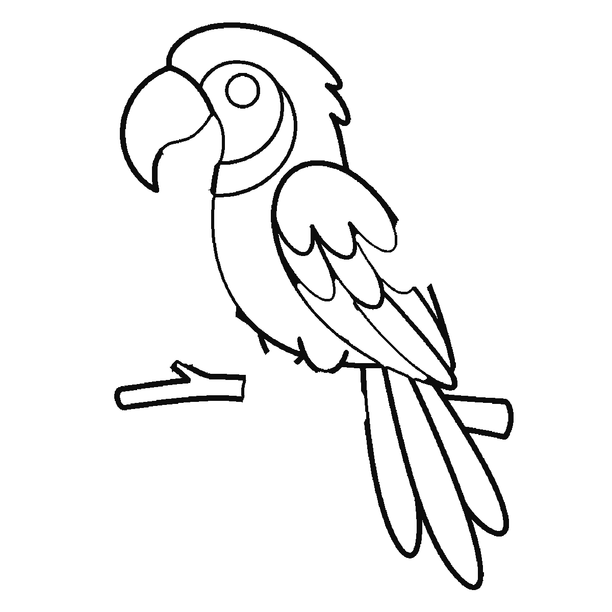 Step 4 of 6: Step-by-step drawing sheet: a parrot side-on on a leafy branch, built up over six frames from the head crest and the breast to the beak, the wing and the first tail feather, then the branch and the leaves, with the eye and the gripping feet last, black outlines on white