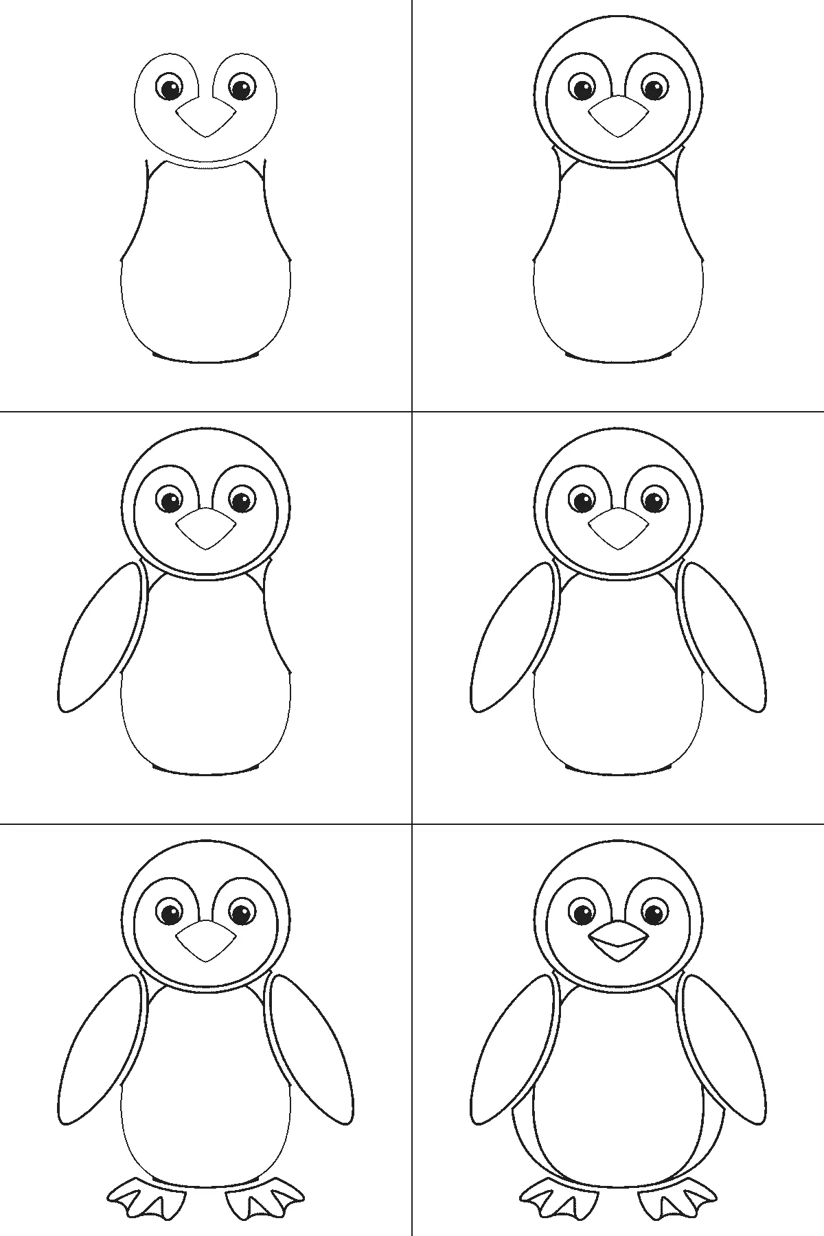 Step-by-step drawing sheet: a penguin standing upright seen from the front, built up over six frames from the body and the complete face — eye patches, eyes and beak — to the head outline, the two flippers one at a time, the webbed feet and the pale front panel, black outlines on white
