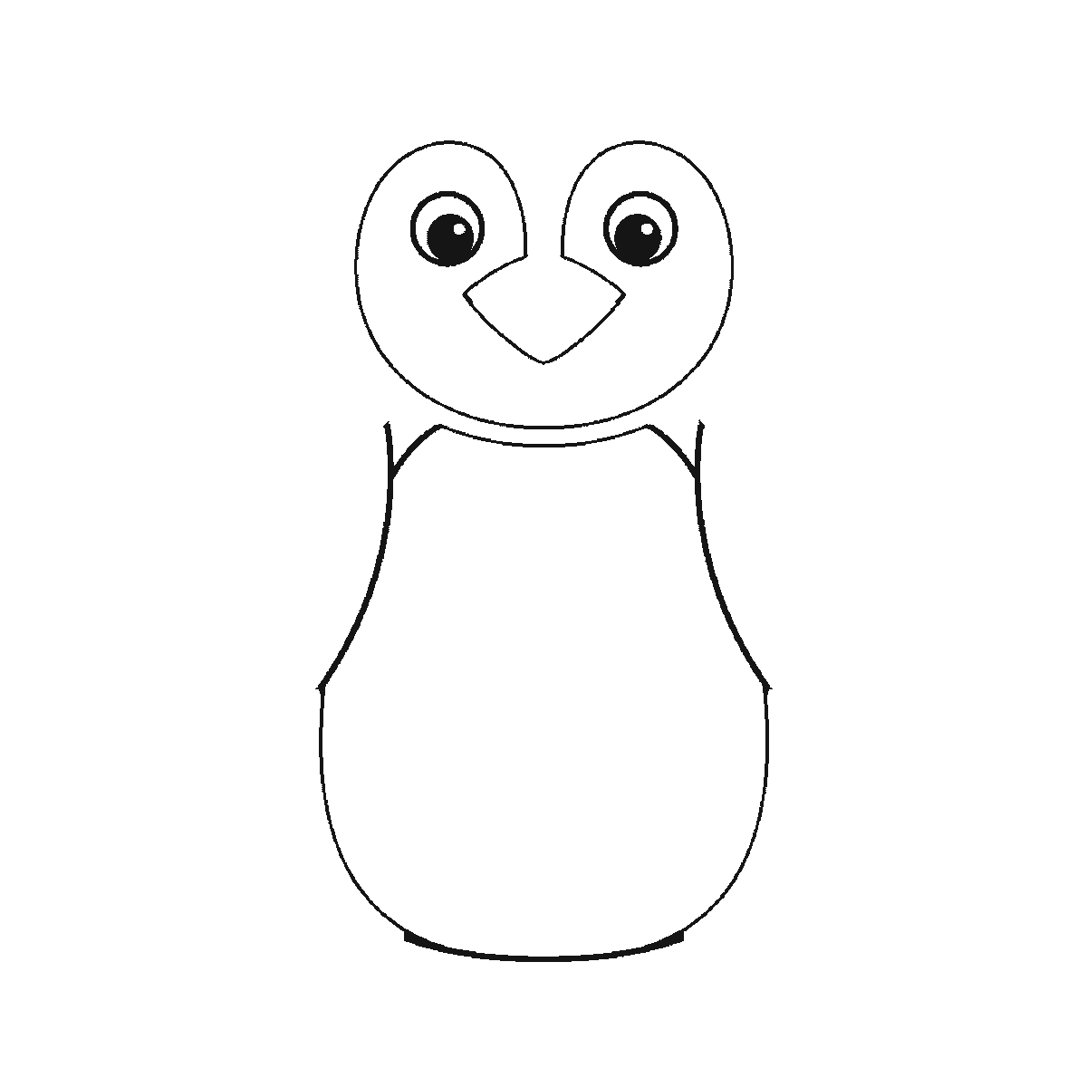 Step 1 of 6: Step-by-step drawing sheet: a penguin standing upright seen from the front, built up over six frames from the body and the complete face — eye patches, eyes and beak — to the head outline, the two flippers one at a time, the webbed feet and the pale front panel, black outlines on white