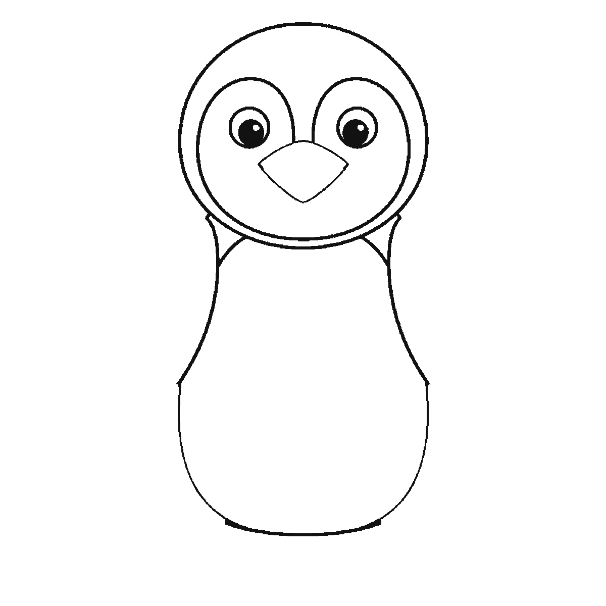 Step 2 of 6: Step-by-step drawing sheet: a penguin standing upright seen from the front, built up over six frames from the body and the complete face — eye patches, eyes and beak — to the head outline, the two flippers one at a time, the webbed feet and the pale front panel, black outlines on white