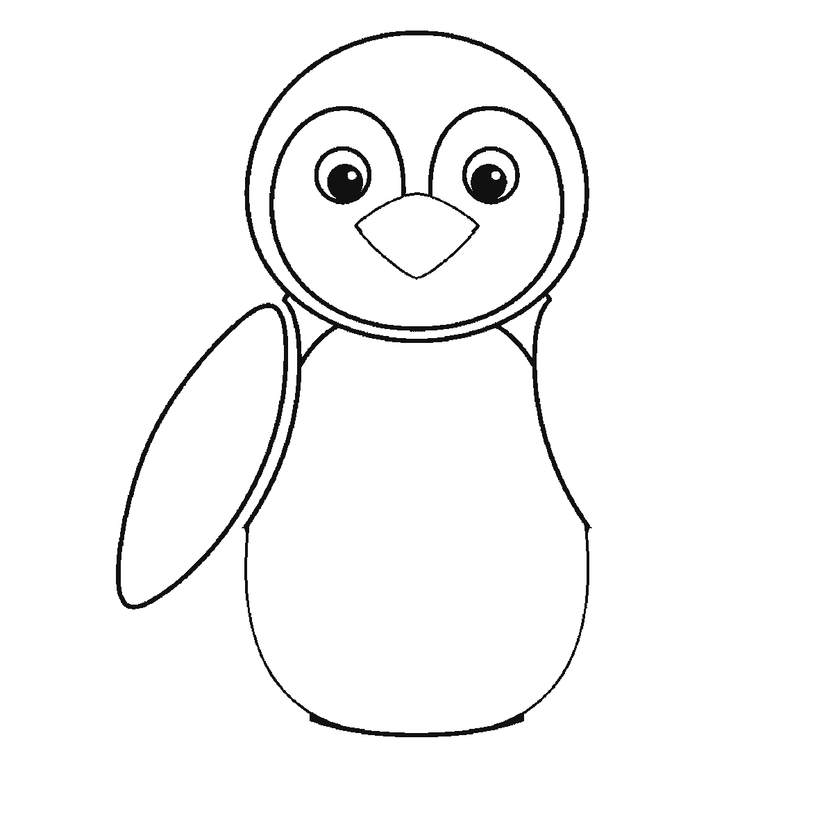 Step 3 of 6: Step-by-step drawing sheet: a penguin standing upright seen from the front, built up over six frames from the body and the complete face — eye patches, eyes and beak — to the head outline, the two flippers one at a time, the webbed feet and the pale front panel, black outlines on white