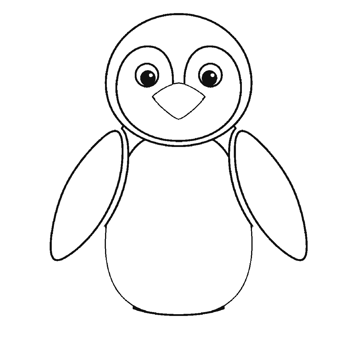 Step 4 of 6: Step-by-step drawing sheet: a penguin standing upright seen from the front, built up over six frames from the body and the complete face — eye patches, eyes and beak — to the head outline, the two flippers one at a time, the webbed feet and the pale front panel, black outlines on white