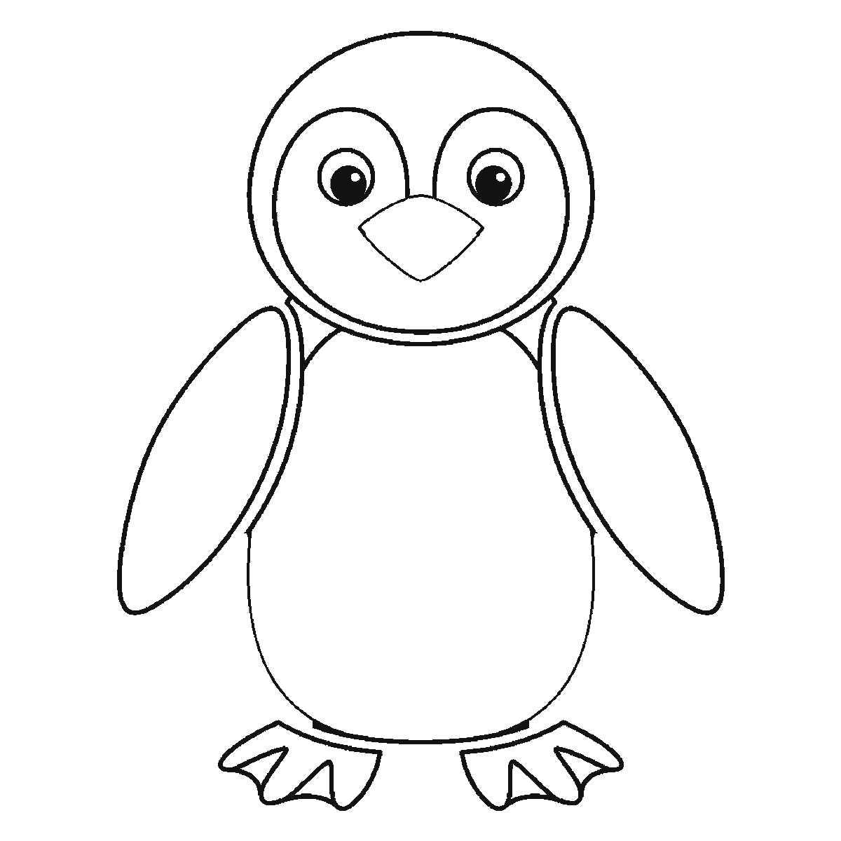 Step 5 of 6: Step-by-step drawing sheet: a penguin standing upright seen from the front, built up over six frames from the body and the complete face — eye patches, eyes and beak — to the head outline, the two flippers one at a time, the webbed feet and the pale front panel, black outlines on white