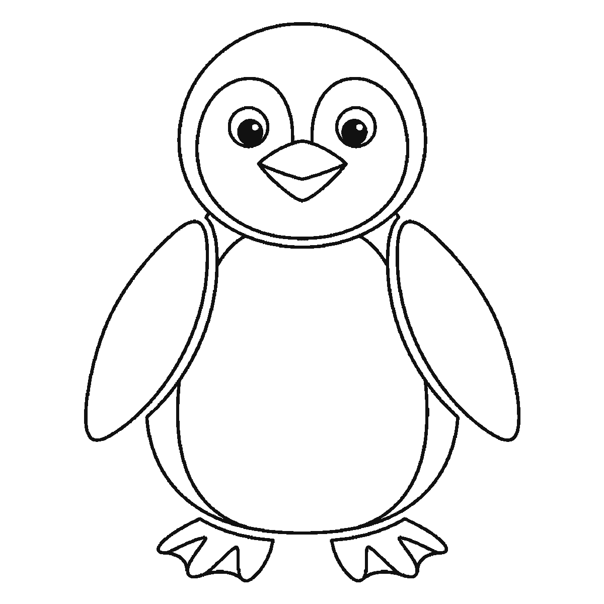 Step 6 of 6: Step-by-step drawing sheet: a penguin standing upright seen from the front, built up over six frames from the body and the complete face — eye patches, eyes and beak — to the head outline, the two flippers one at a time, the webbed feet and the pale front panel, black outlines on white