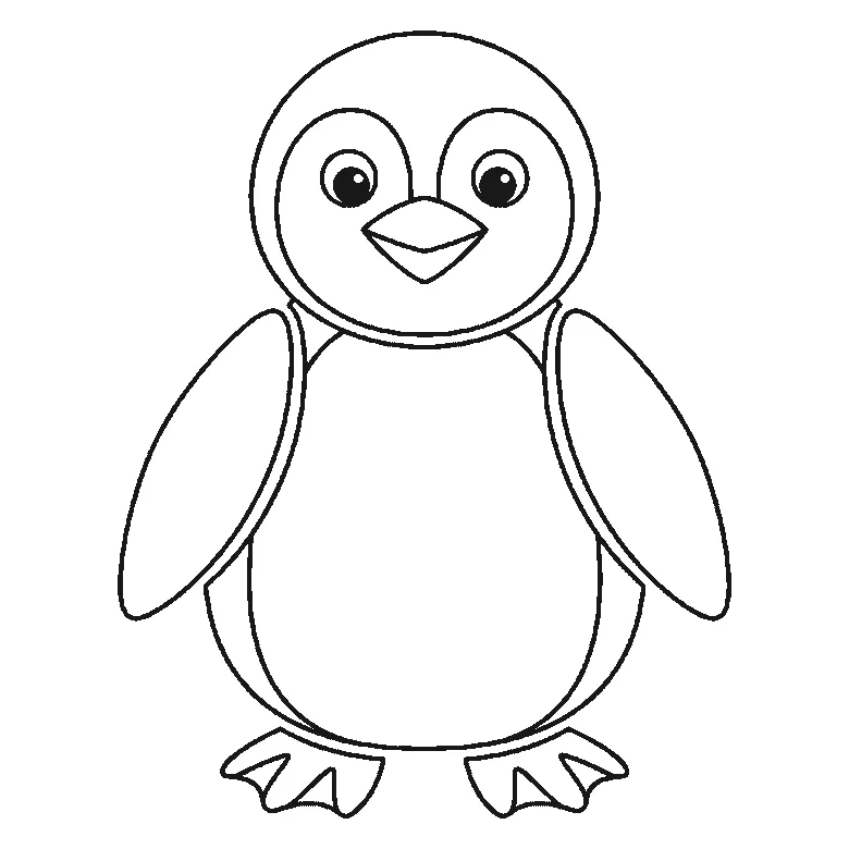 Step-by-step drawing sheet: a penguin standing upright seen from the front, built up over six frames from the body and the complete face — eye patches, eyes and beak — to the head outline, the two flippers one at a time, the webbed feet and the pale front panel, black outlines on white