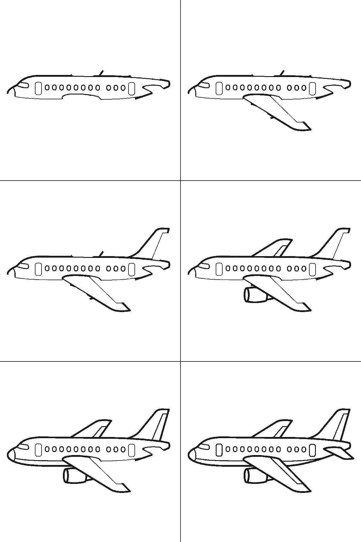 Step-by-step drawing sheet: a passenger aeroplane seen from the side at a slight angle, built up over six frames from the fuselage with its cockpit, cabin windows and doors to the near swept wing, the tail fin, the tailplane and engine, and the far wing last, black outlines on white