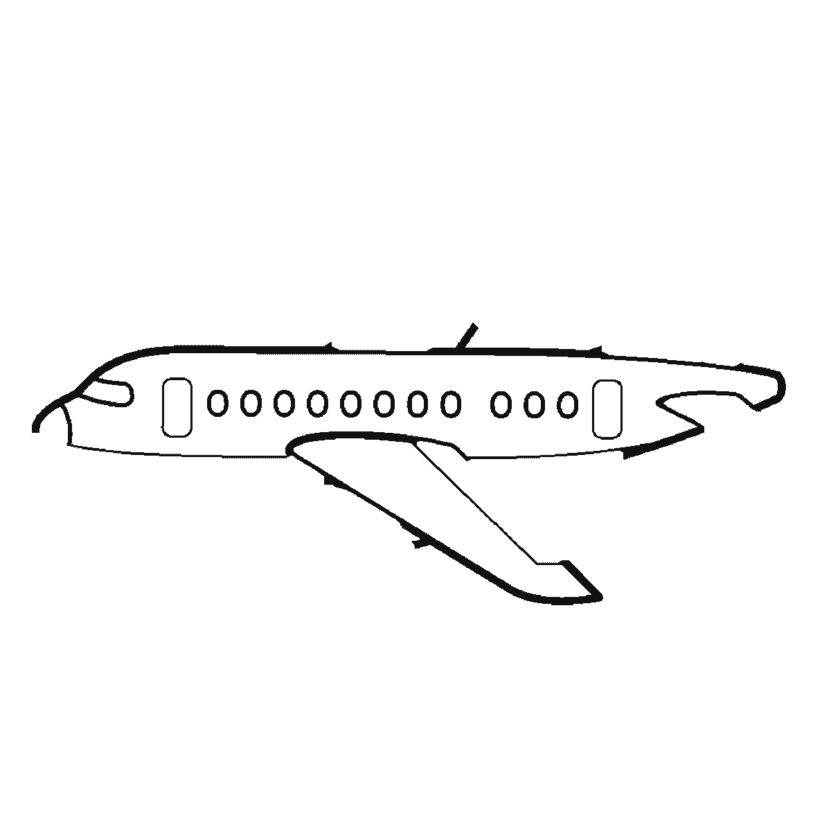 Step 2 of 6: Step-by-step drawing sheet: a passenger aeroplane seen from the side at a slight angle, built up over six frames from the fuselage with its cockpit, cabin windows and doors to the near swept wing, the tail fin, the tailplane and engine, and the far wing last, black outlines on white
