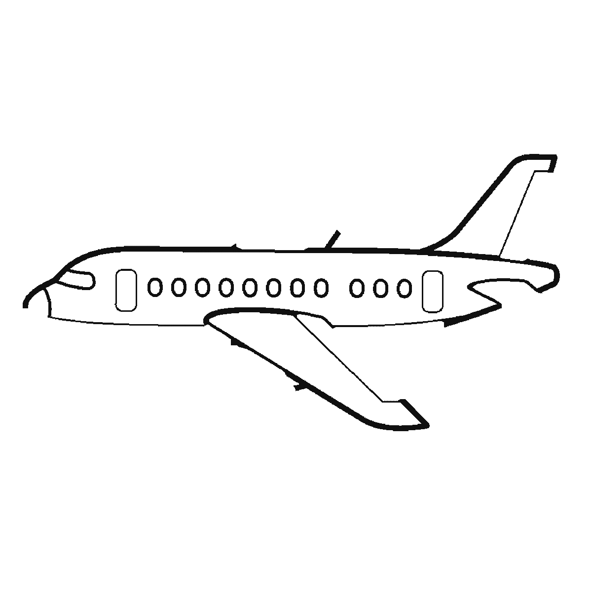 Step 3 of 6: Step-by-step drawing sheet: a passenger aeroplane seen from the side at a slight angle, built up over six frames from the fuselage with its cockpit, cabin windows and doors to the near swept wing, the tail fin, the tailplane and engine, and the far wing last, black outlines on white