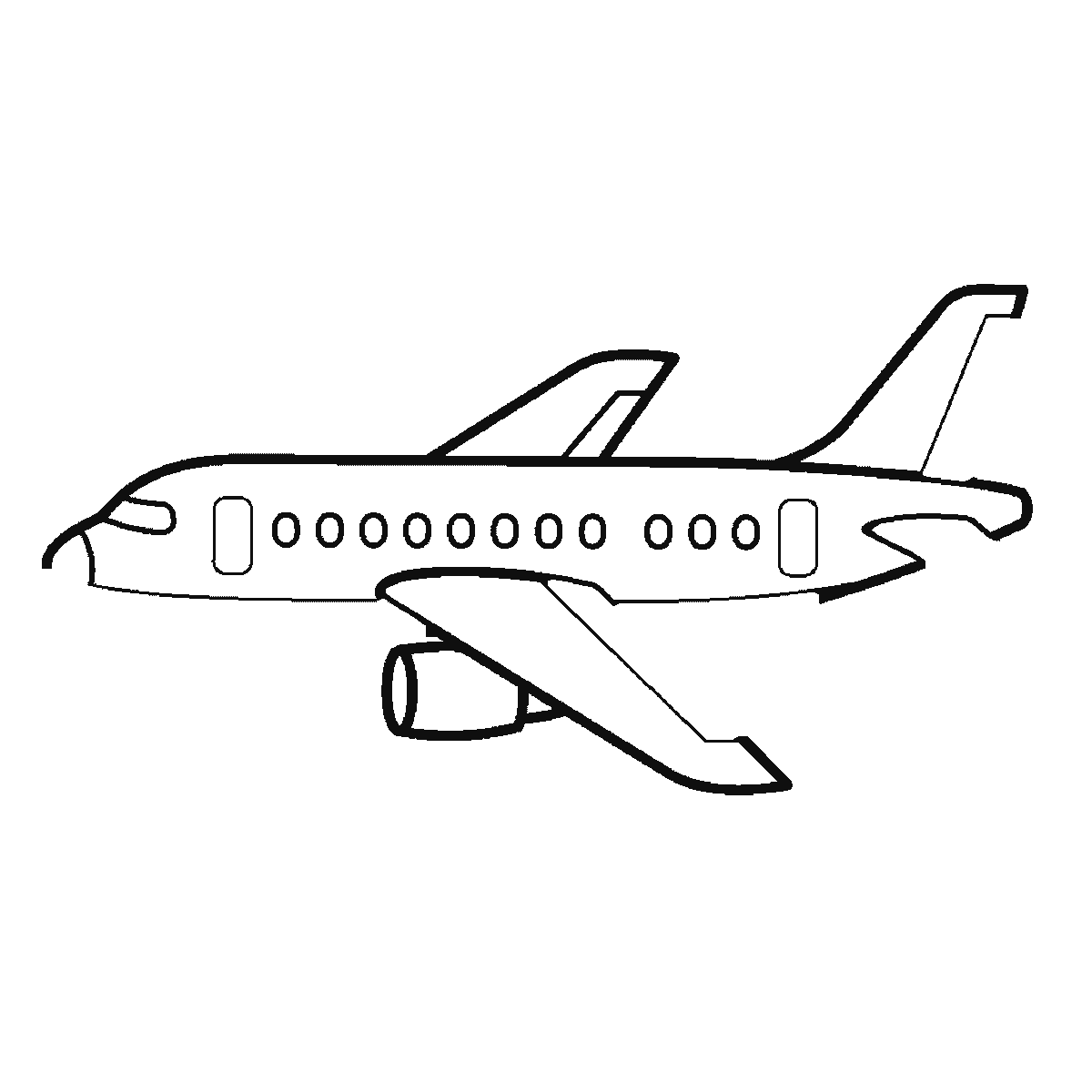 Step 4 of 6: Step-by-step drawing sheet: a passenger aeroplane seen from the side at a slight angle, built up over six frames from the fuselage with its cockpit, cabin windows and doors to the near swept wing, the tail fin, the tailplane and engine, and the far wing last, black outlines on white