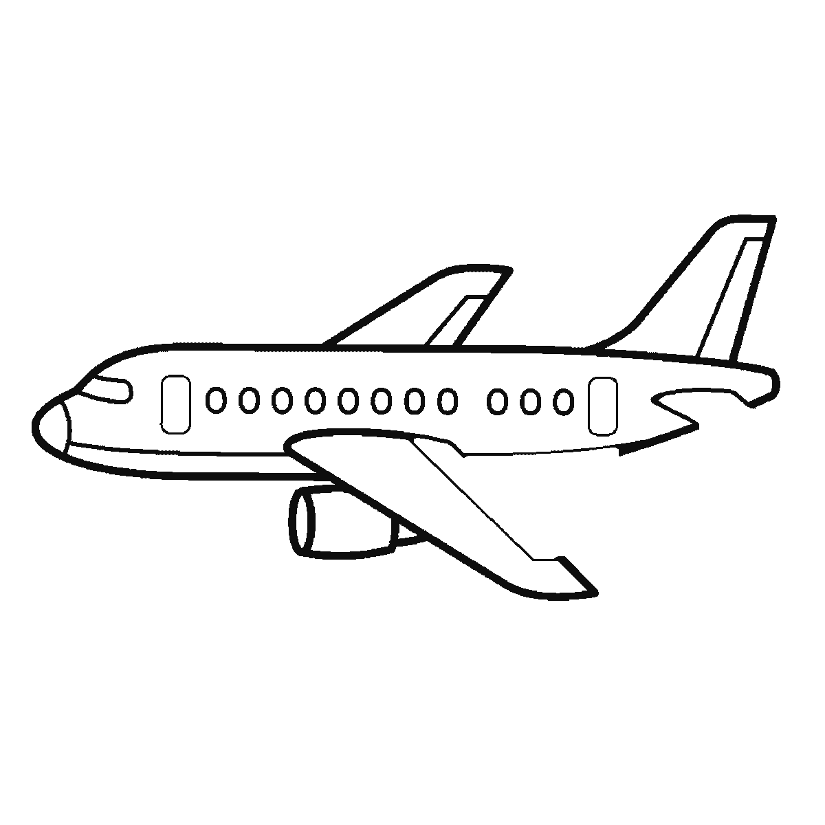 Step 5 of 6: Step-by-step drawing sheet: a passenger aeroplane seen from the side at a slight angle, built up over six frames from the fuselage with its cockpit, cabin windows and doors to the near swept wing, the tail fin, the tailplane and engine, and the far wing last, black outlines on white