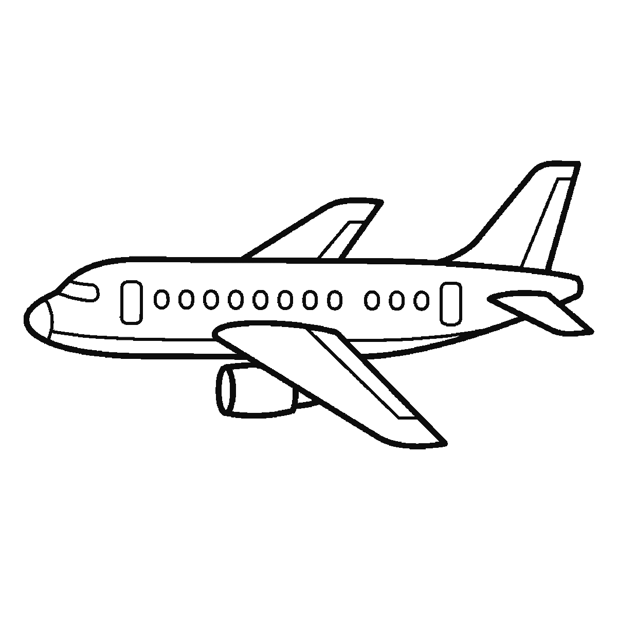 Step 6 of 6: Step-by-step drawing sheet: a passenger aeroplane seen from the side at a slight angle, built up over six frames from the fuselage with its cockpit, cabin windows and doors to the near swept wing, the tail fin, the tailplane and engine, and the far wing last, black outlines on white
