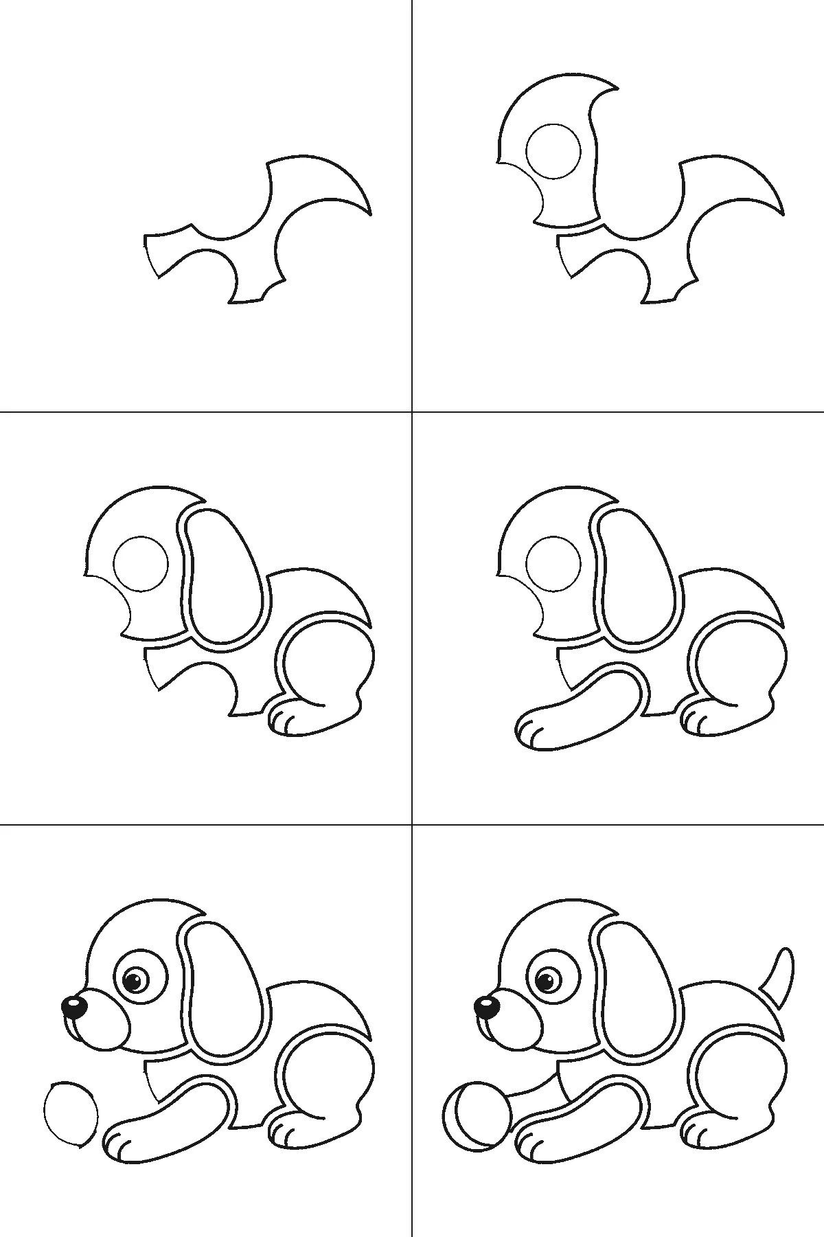 Step-by-step drawing sheet: a round puppy lying down side-on with a ball, built up over six frames from the back and haunch to the head, the floppy ear and the stretched front paw, with the nose, eye and tail last, black outlines on white