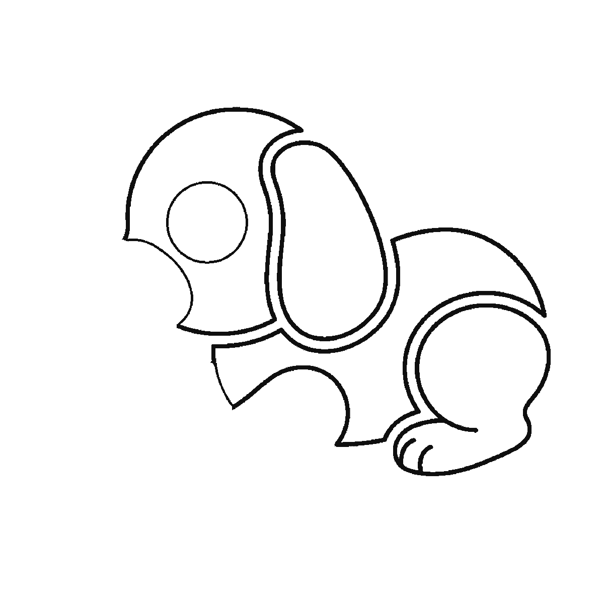 Step 3 of 6: Step-by-step drawing sheet: a round puppy lying down side-on with a ball, built up over six frames from the back and haunch to the head, the floppy ear and the stretched front paw, with the nose, eye and tail last, black outlines on white