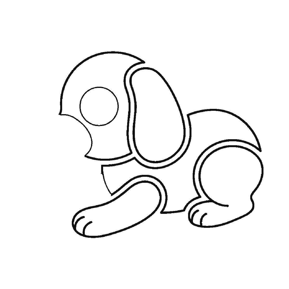 Step 4 of 6: Step-by-step drawing sheet: a round puppy lying down side-on with a ball, built up over six frames from the back and haunch to the head, the floppy ear and the stretched front paw, with the nose, eye and tail last, black outlines on white